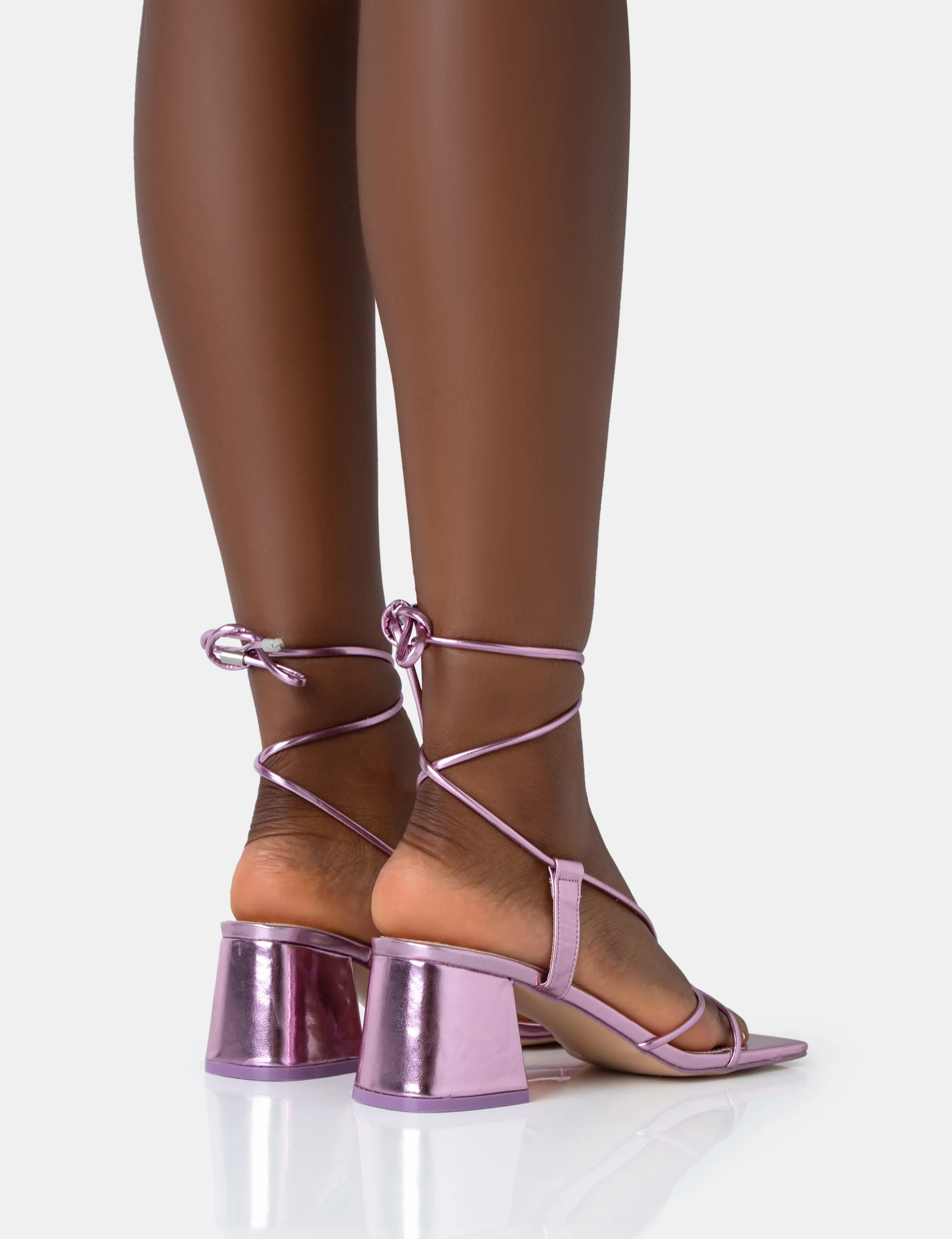 Aloha Pink Metallic Lace Up Block Mid Heeled Sandals - Image 4