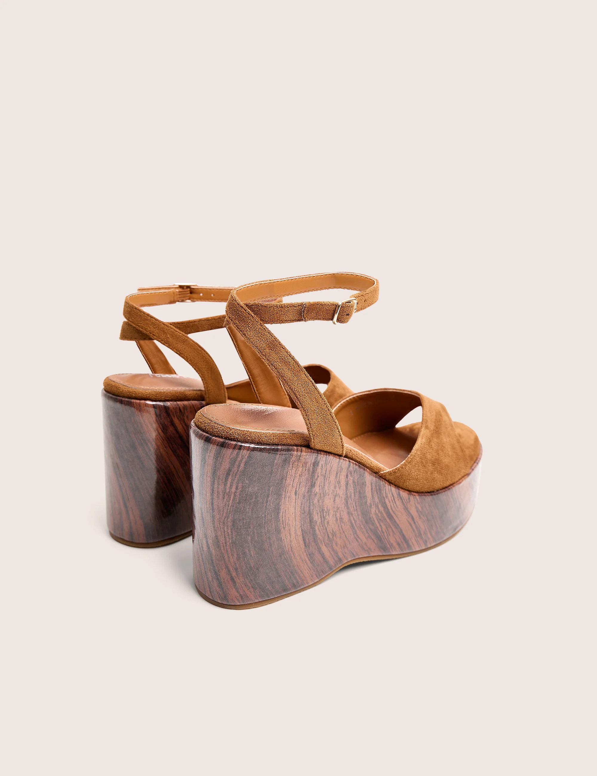 Aluna Tan Faux Suede Wooden Wedge Heels - Image 3