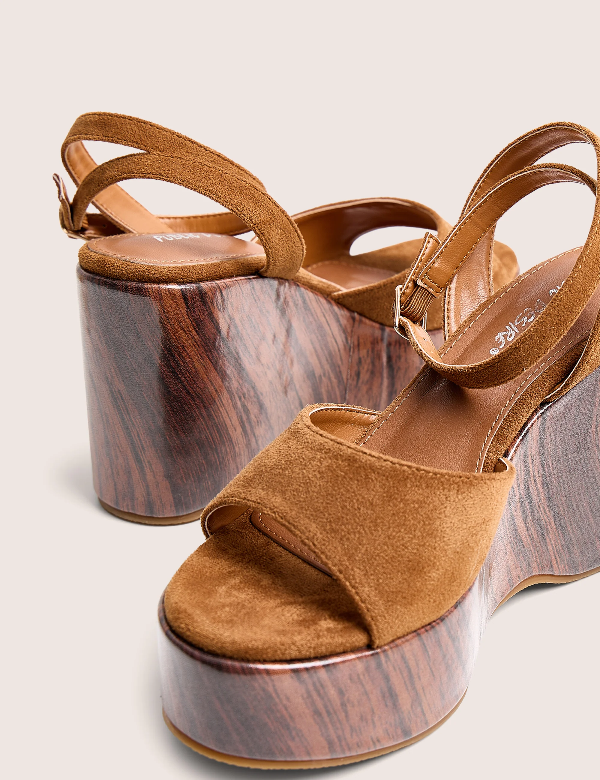 Aluna Tan Faux Suede Wooden Wedge Heels - Image 4