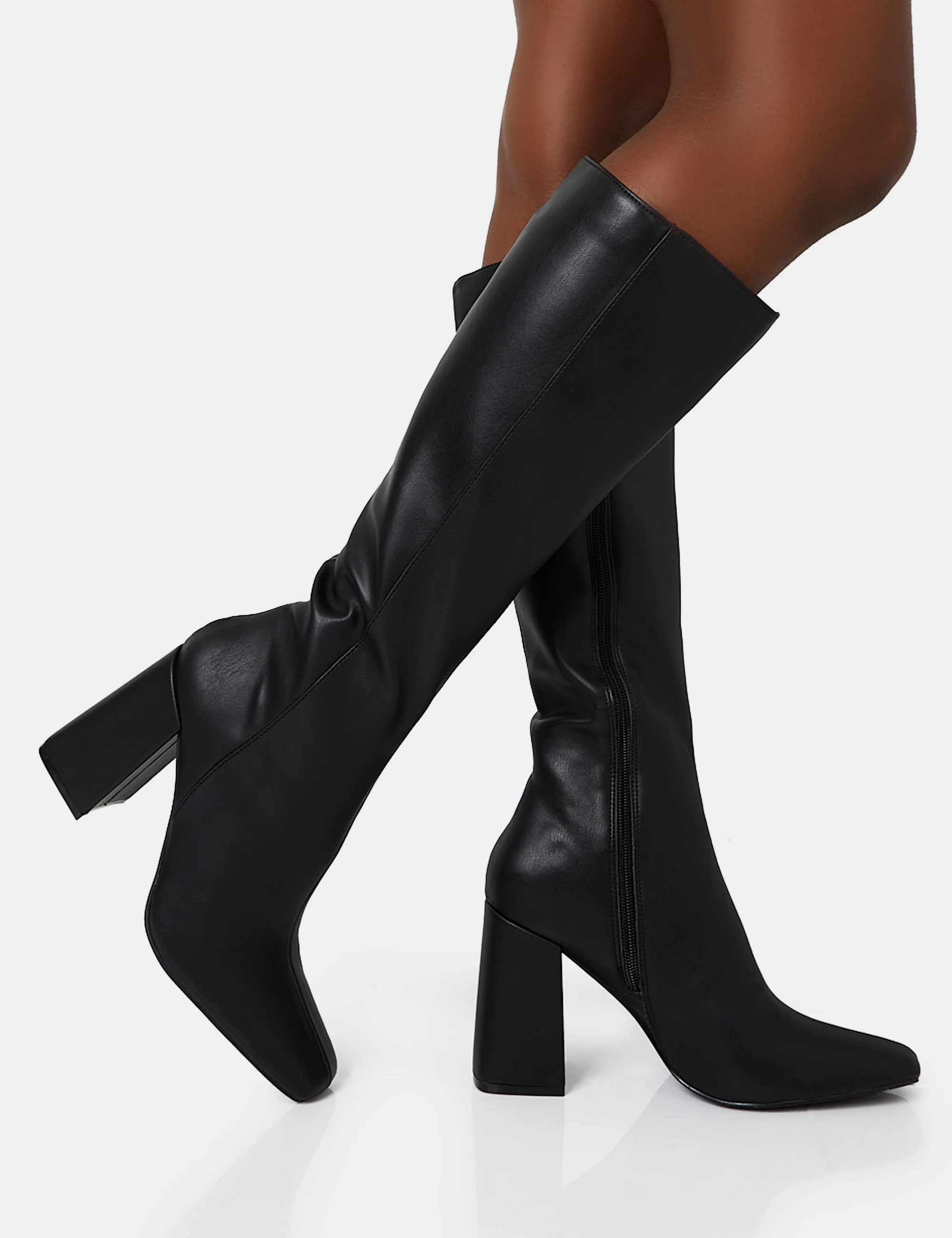 Apology Wide Fit Black Pu Knee High Block Heel Boots - Image 6