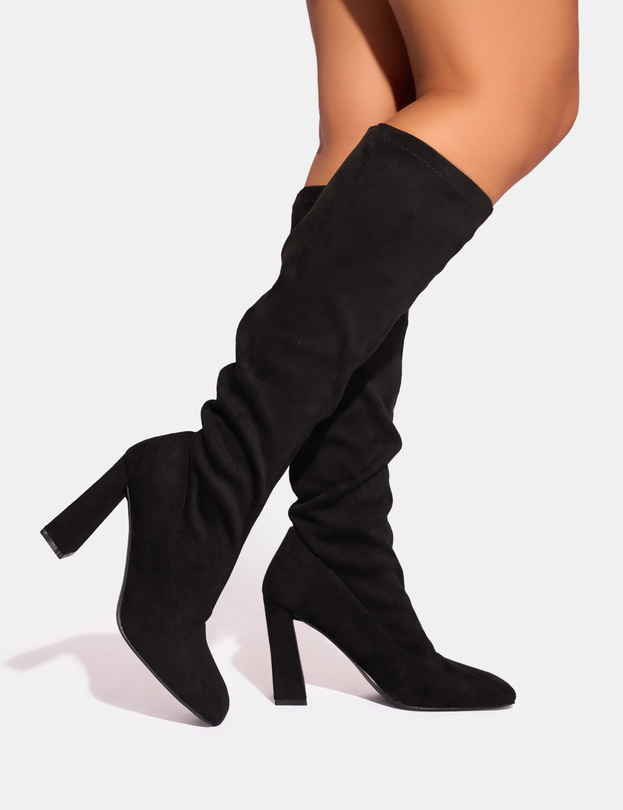 Audrina Black Suede Wide Fit Block Heel Knee High Sock Boots - Image 6