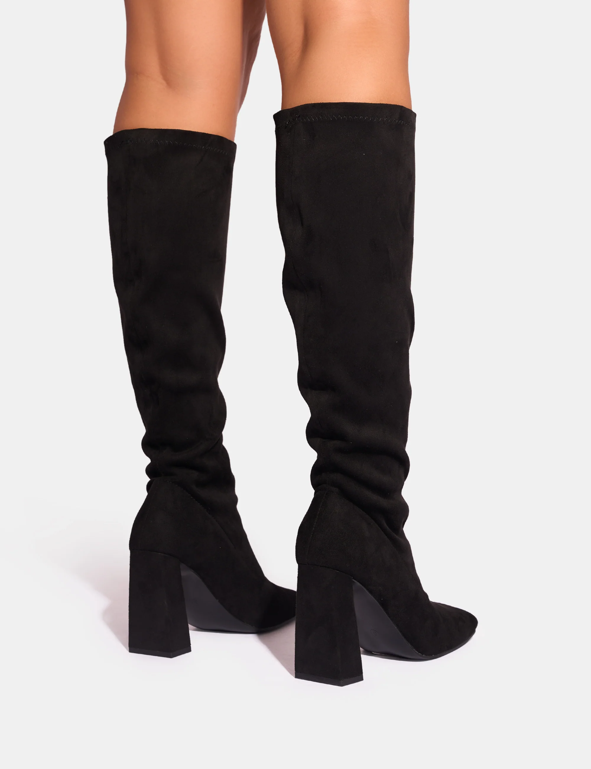 Audrina Black Suede Wide Fit Block Heel Knee High Sock Boots - Image 7