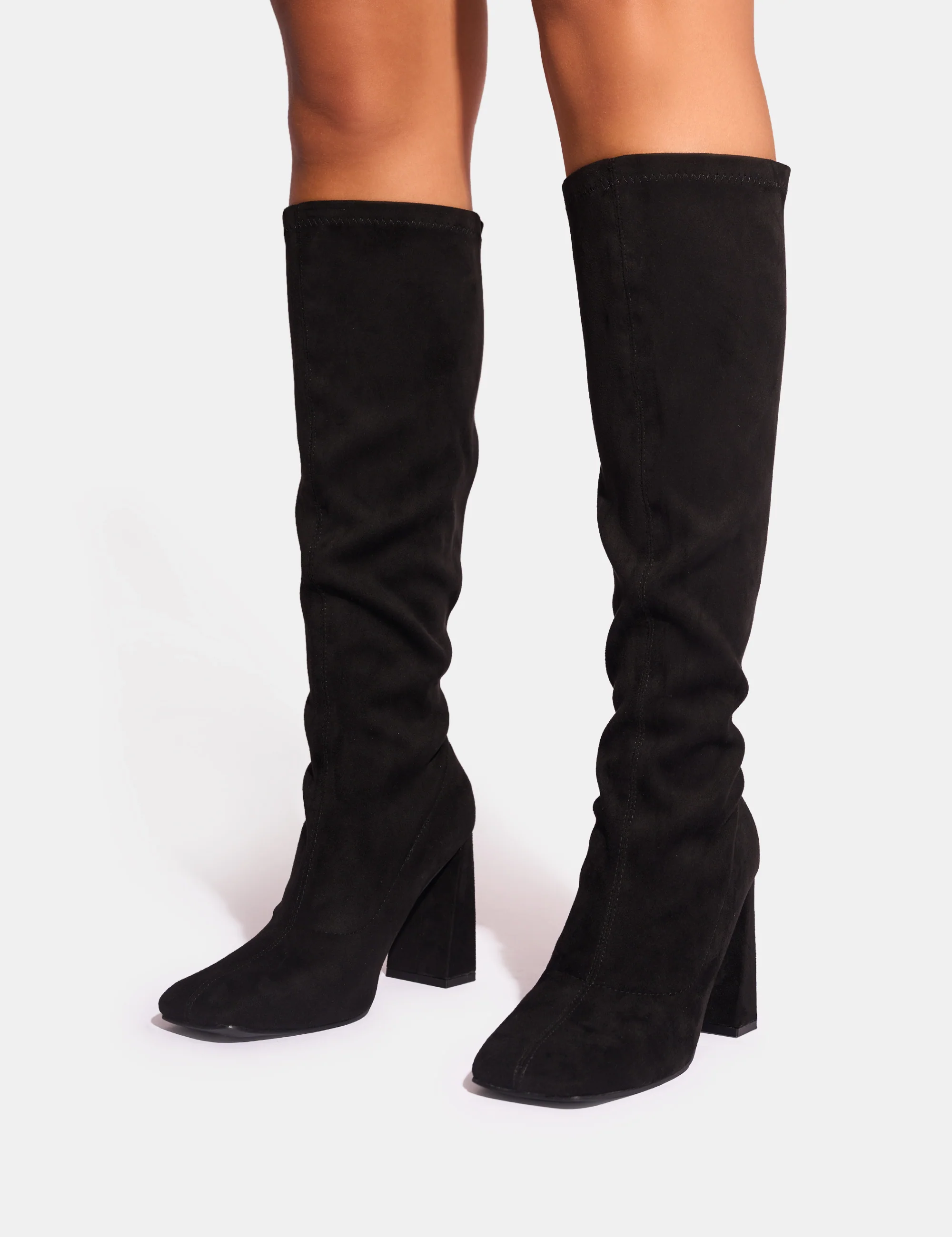 Audrina Black Suede Wide Fit Block Heel Knee High Sock Boots - Image 8
