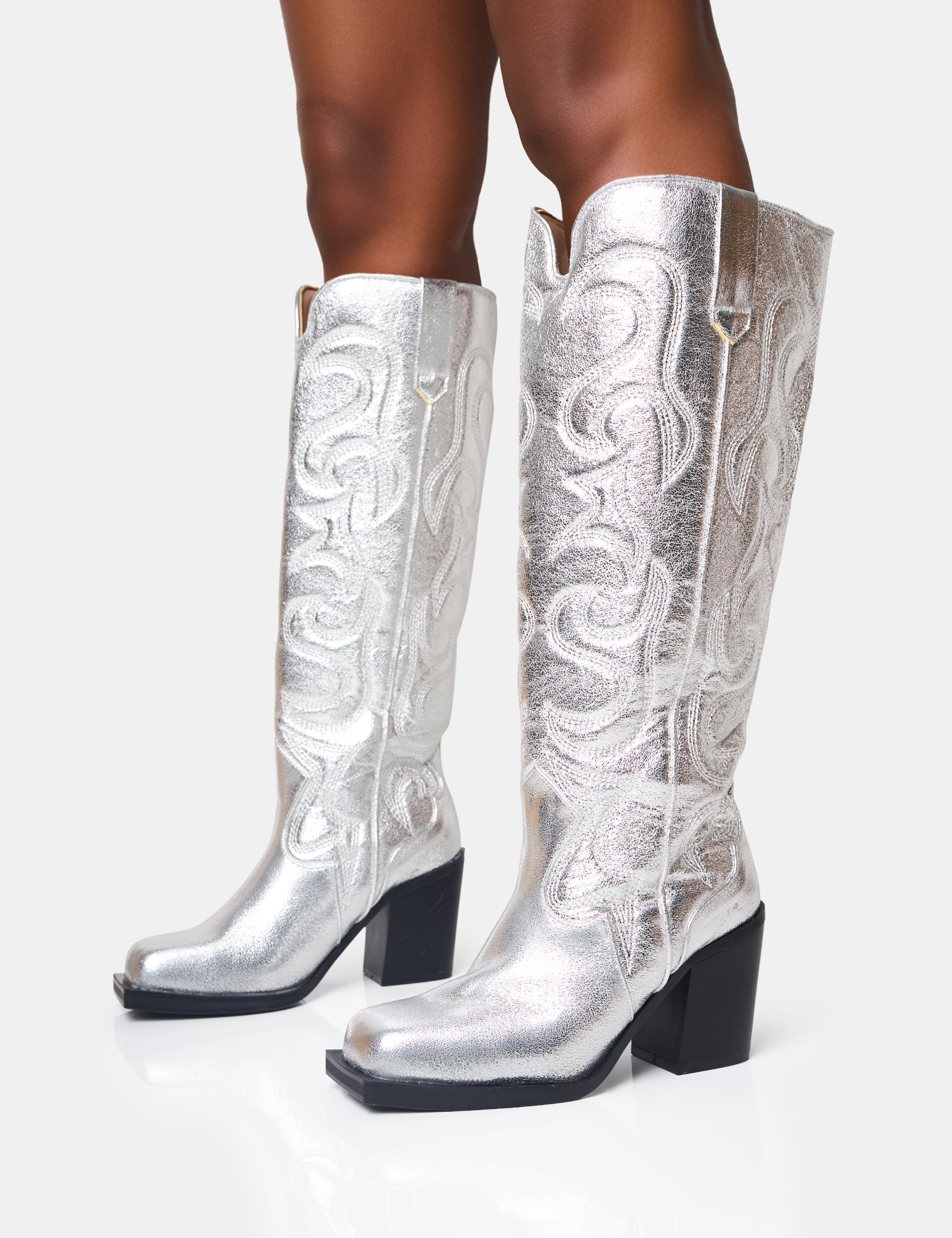 Austine Silver Western Block Heel Knee High Boots - Image 3