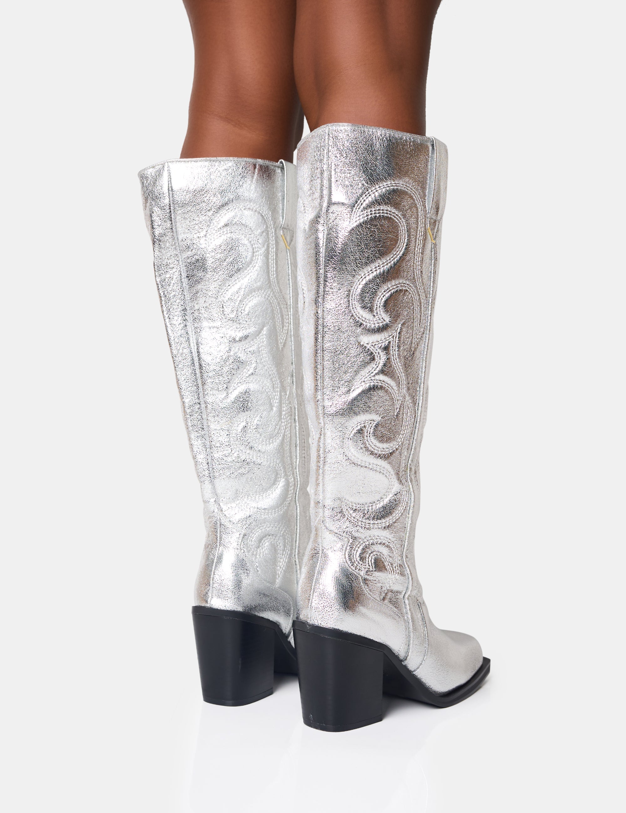 Austine Silver Western Block Heel Knee High Boots - Image 4