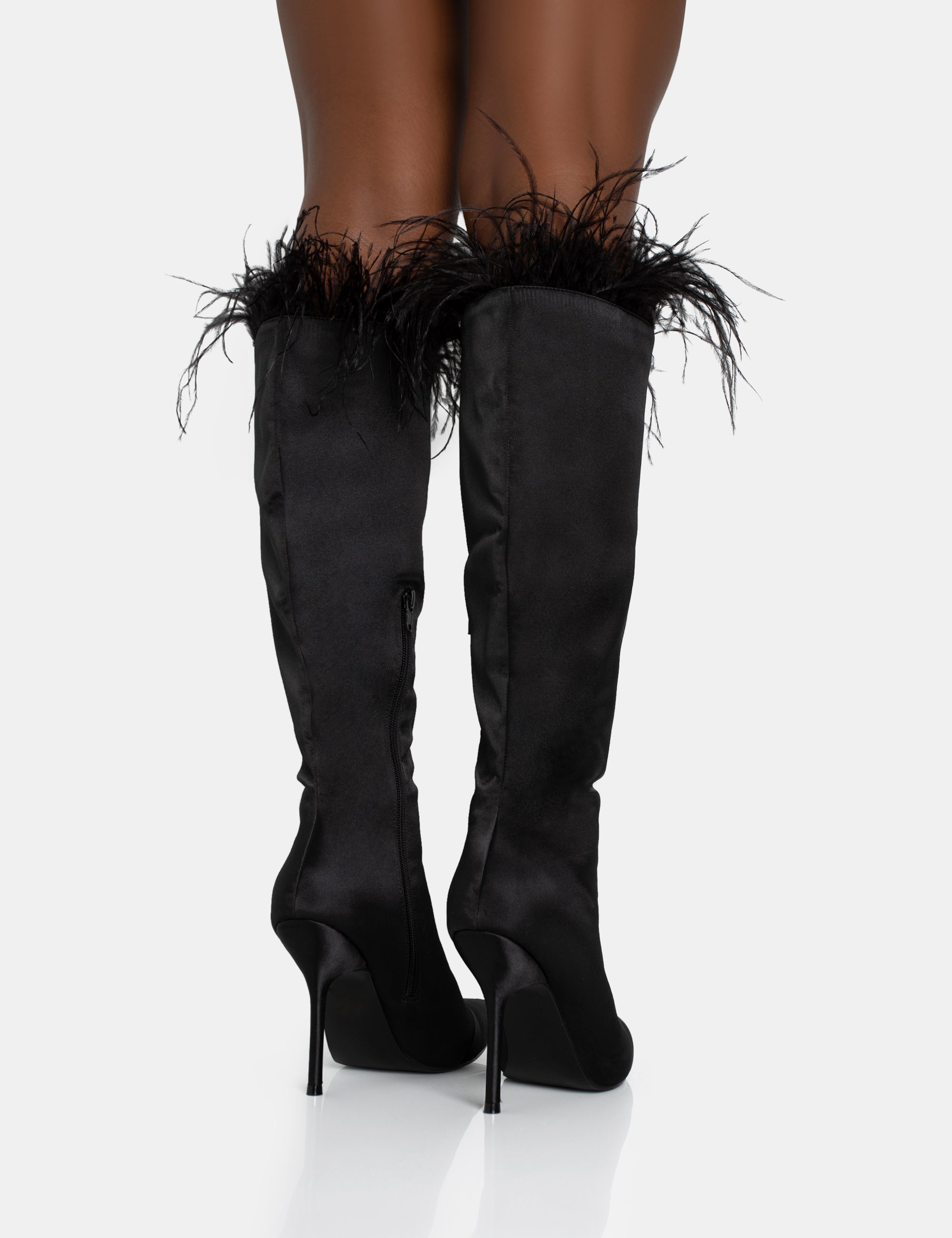 Baddie Black Satin Feather Pointed Court Stiletto Knee High Boots - Image 4