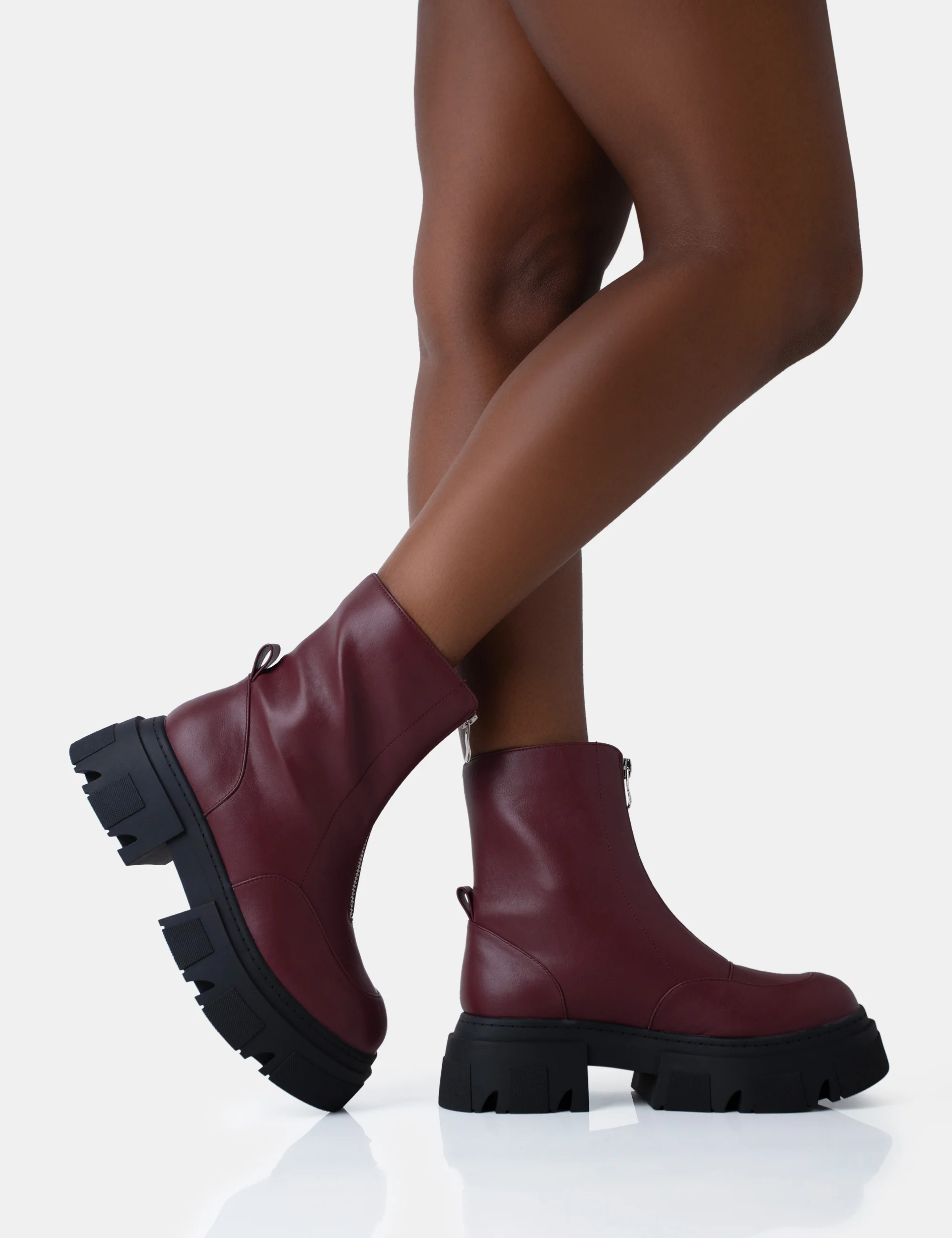 Bergen Burgundy Pu Zip Up Detailed Rounded Chunky Soled Ankle Boots - Image 2