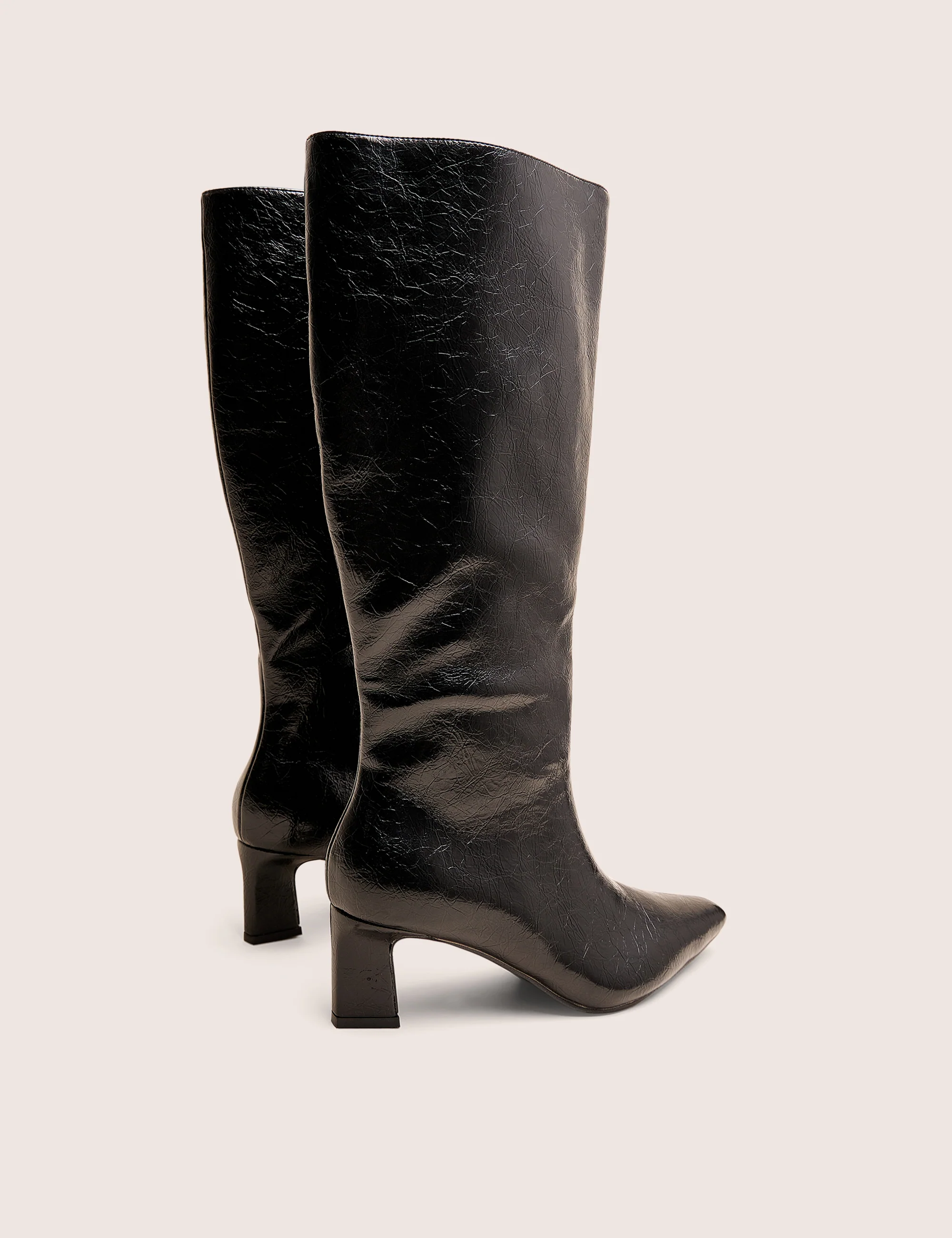 Boomer Black Crinkle Pu Pointed Toe Knee High Mid Heel Boots - Image 3