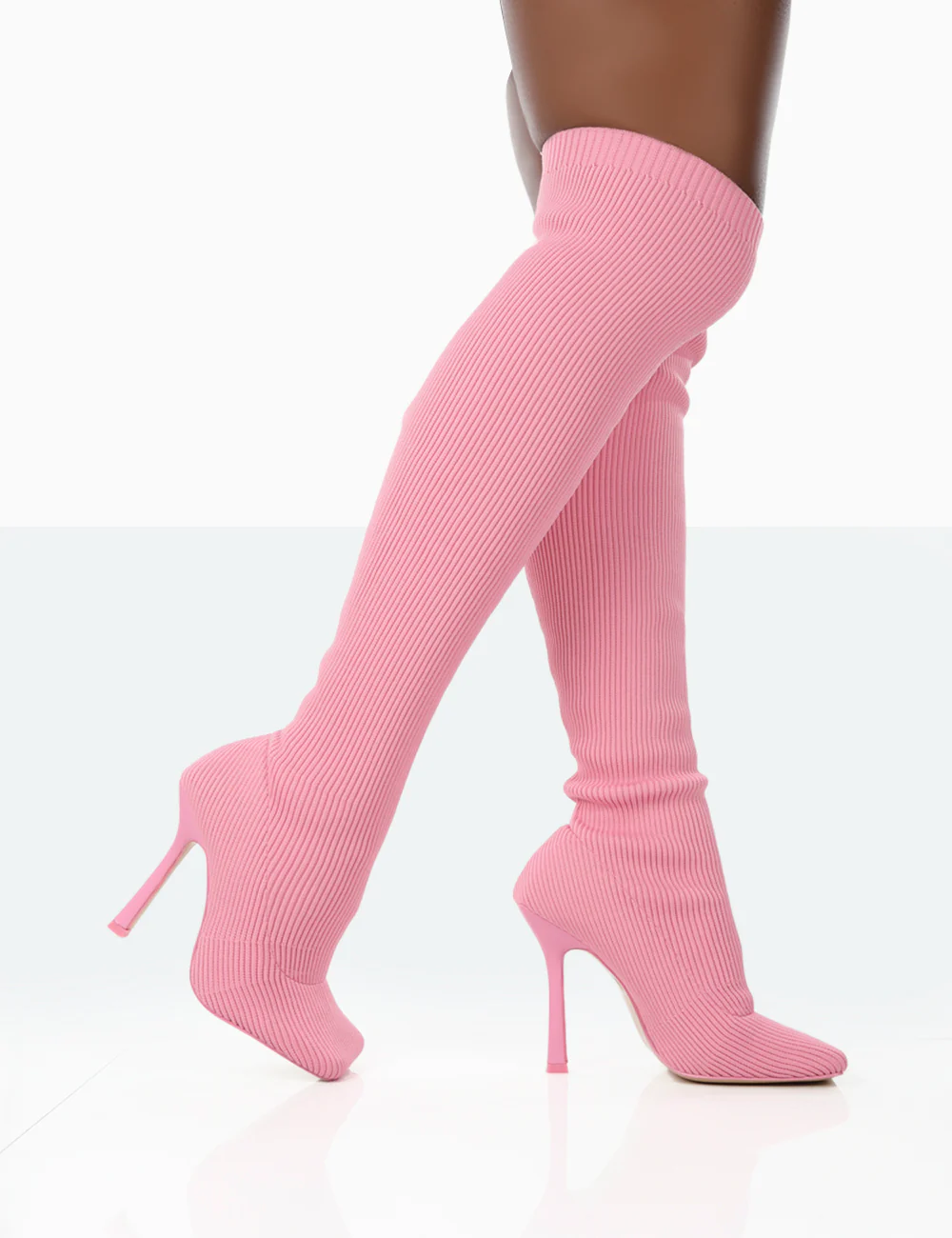 Bubbles Pink Knitted Wide Fit Square Toe Over The Knee Stiletto Boots - Image 2