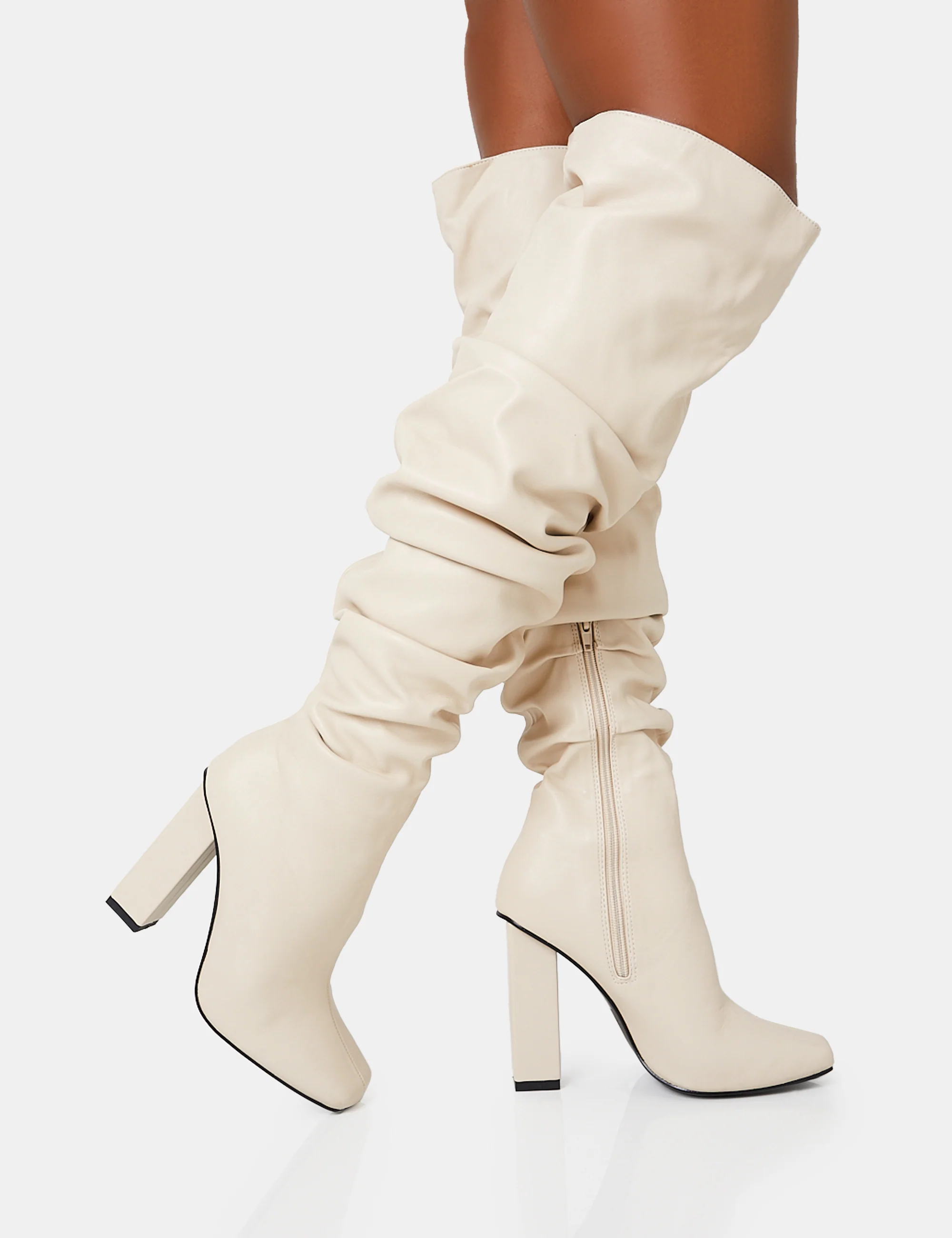 Cassia Ecru Square Toe Block Heel Over The Knee Boots - Image 2