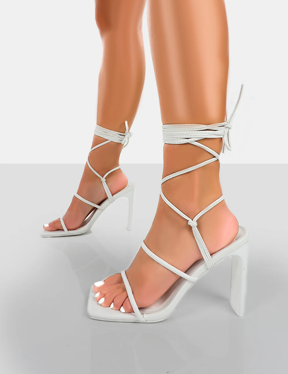 Chloe White Pu Strappy Square Toe Lace Up Heels - Image 2