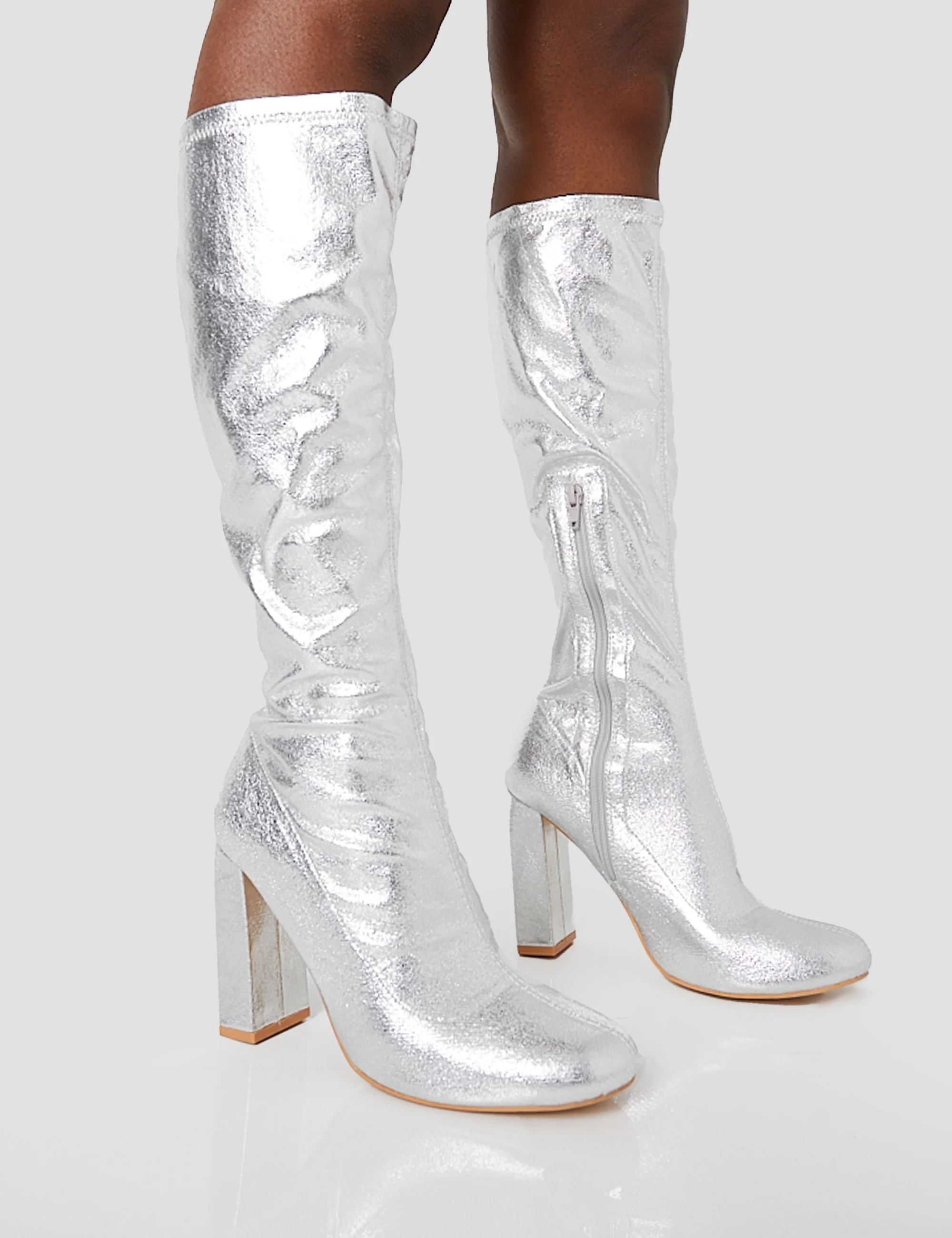 Christina Silver Grain Pointed Toe Block Heel Knee High Boots