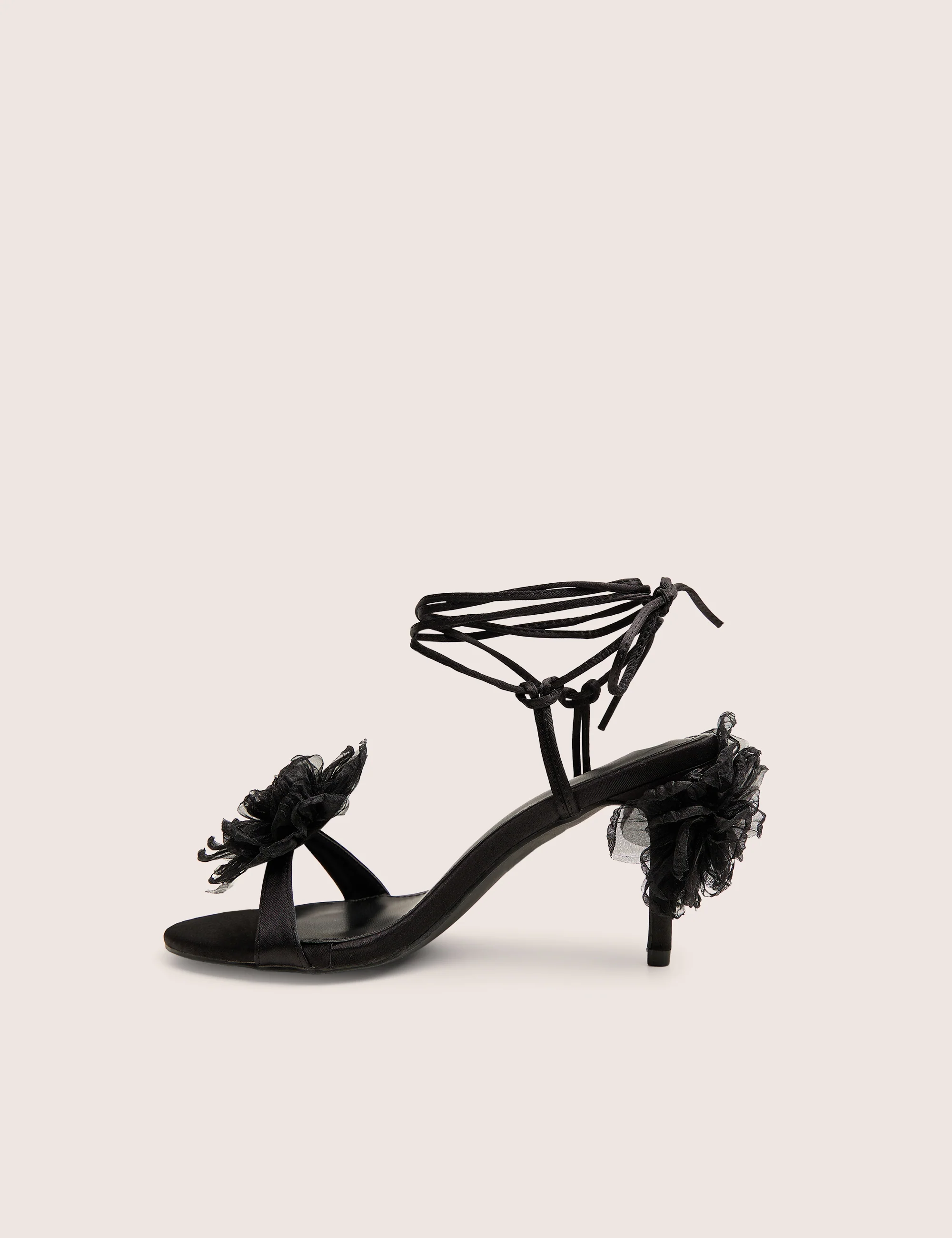 Classy Black Ruffle Flower Detail Mid Heels