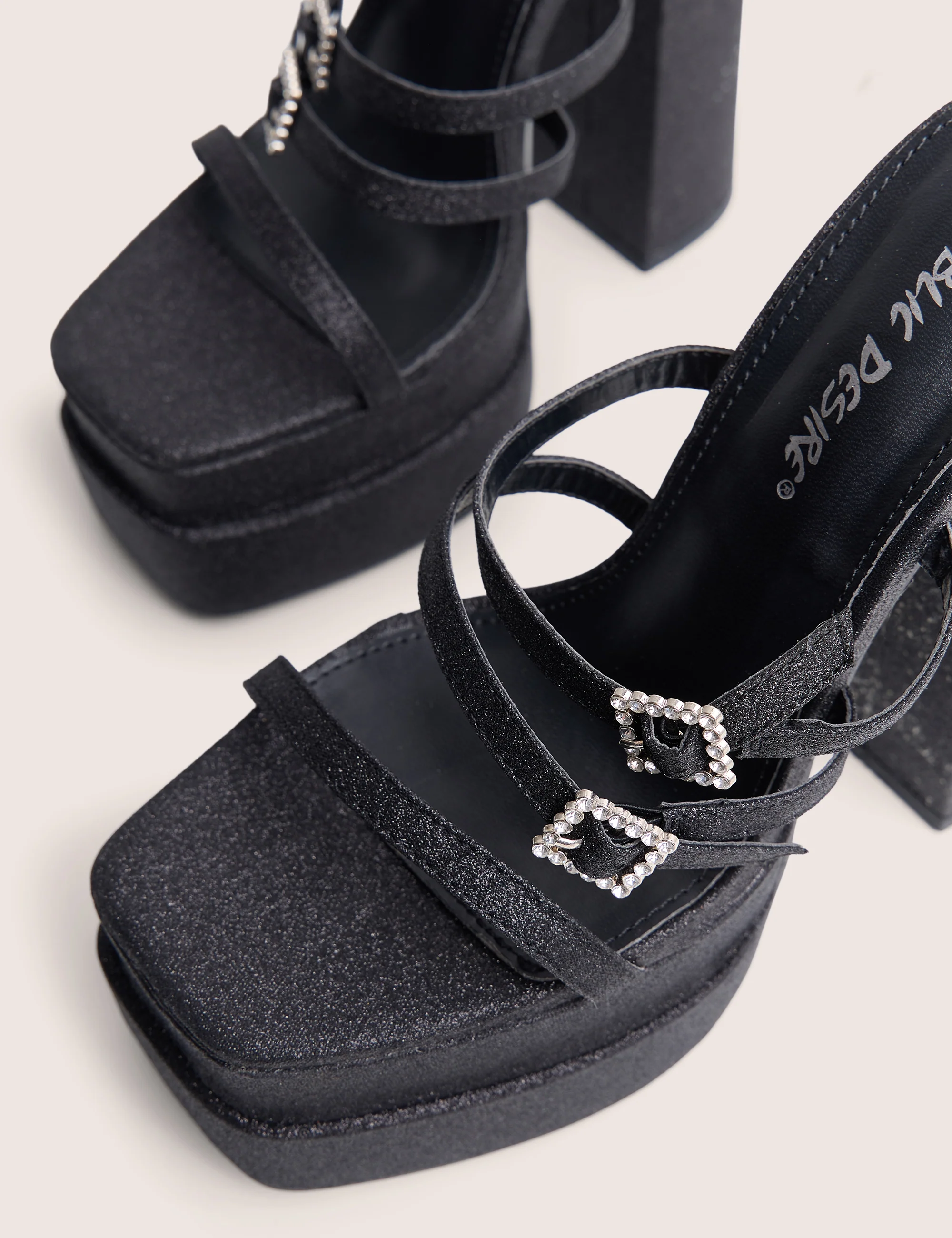 Disco Ball Black Buckle Embellished Detail Platform Heels - Image 4