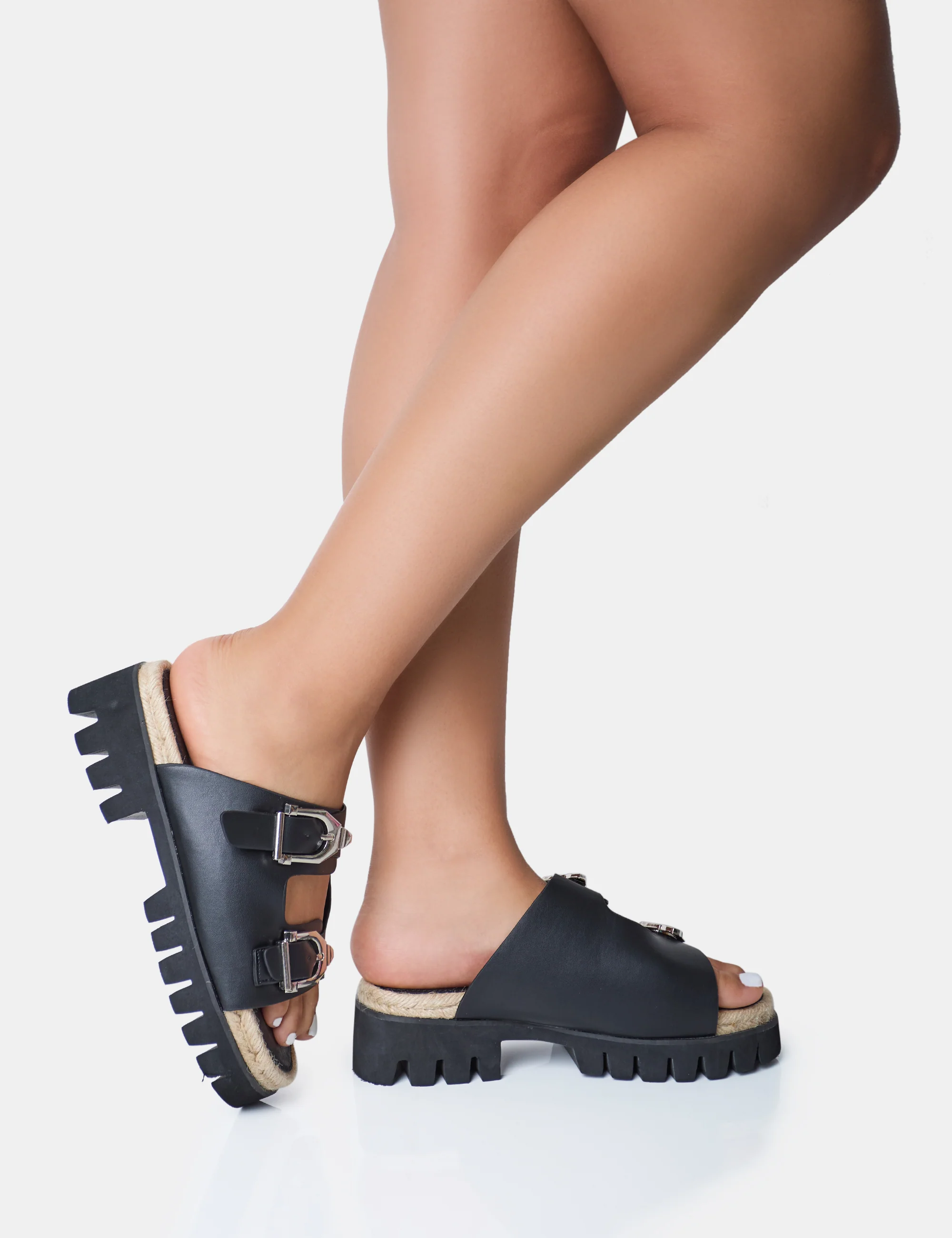 Equinox Black Chunky Jute Detail Buckle Flatform Sandals - Image 2