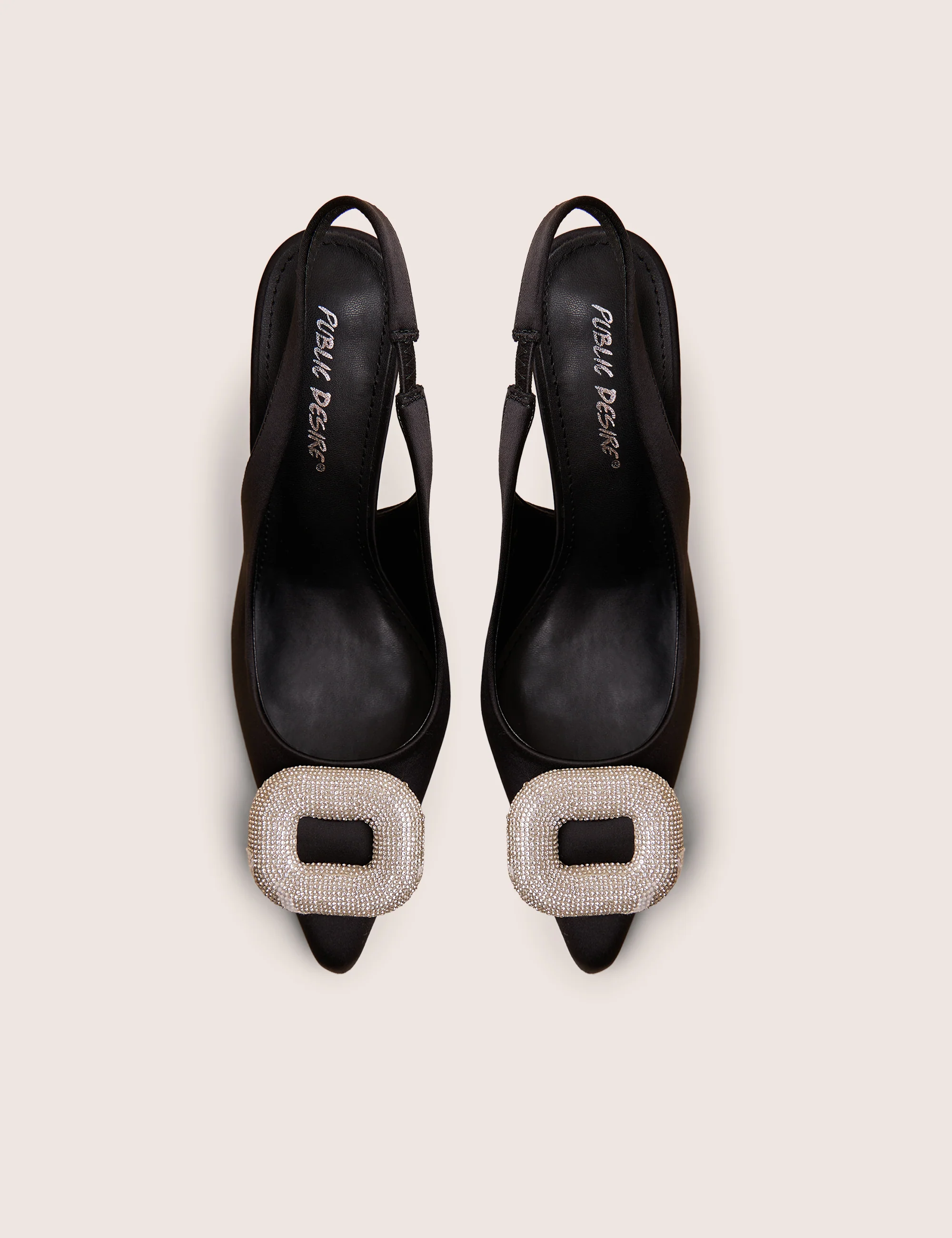 Floss Black Satin Diamante Embellished Sling Back Court Heels - Image 2