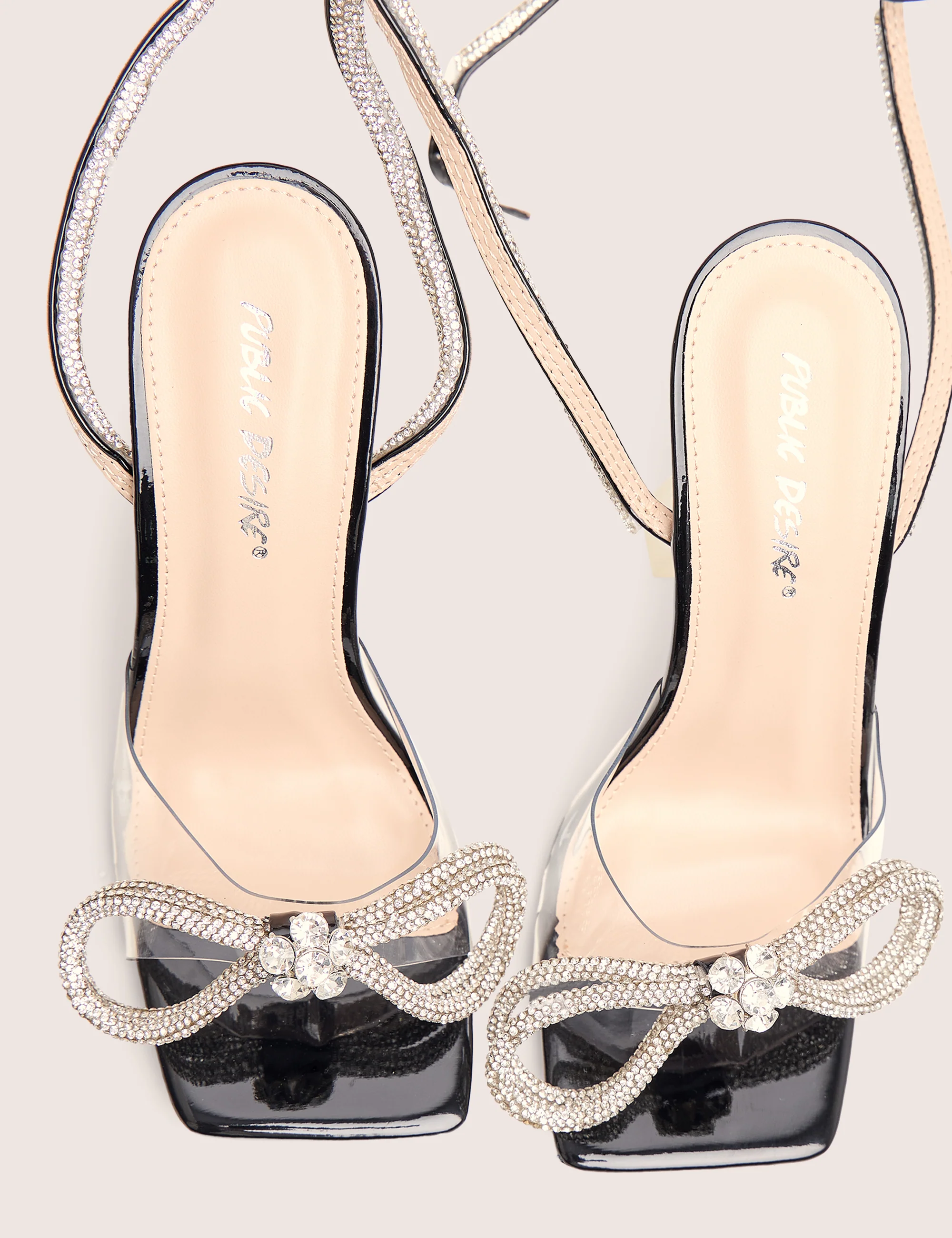 Glimmer Black Wrap Around Diamante Bow Square Toe Heels - Image 4