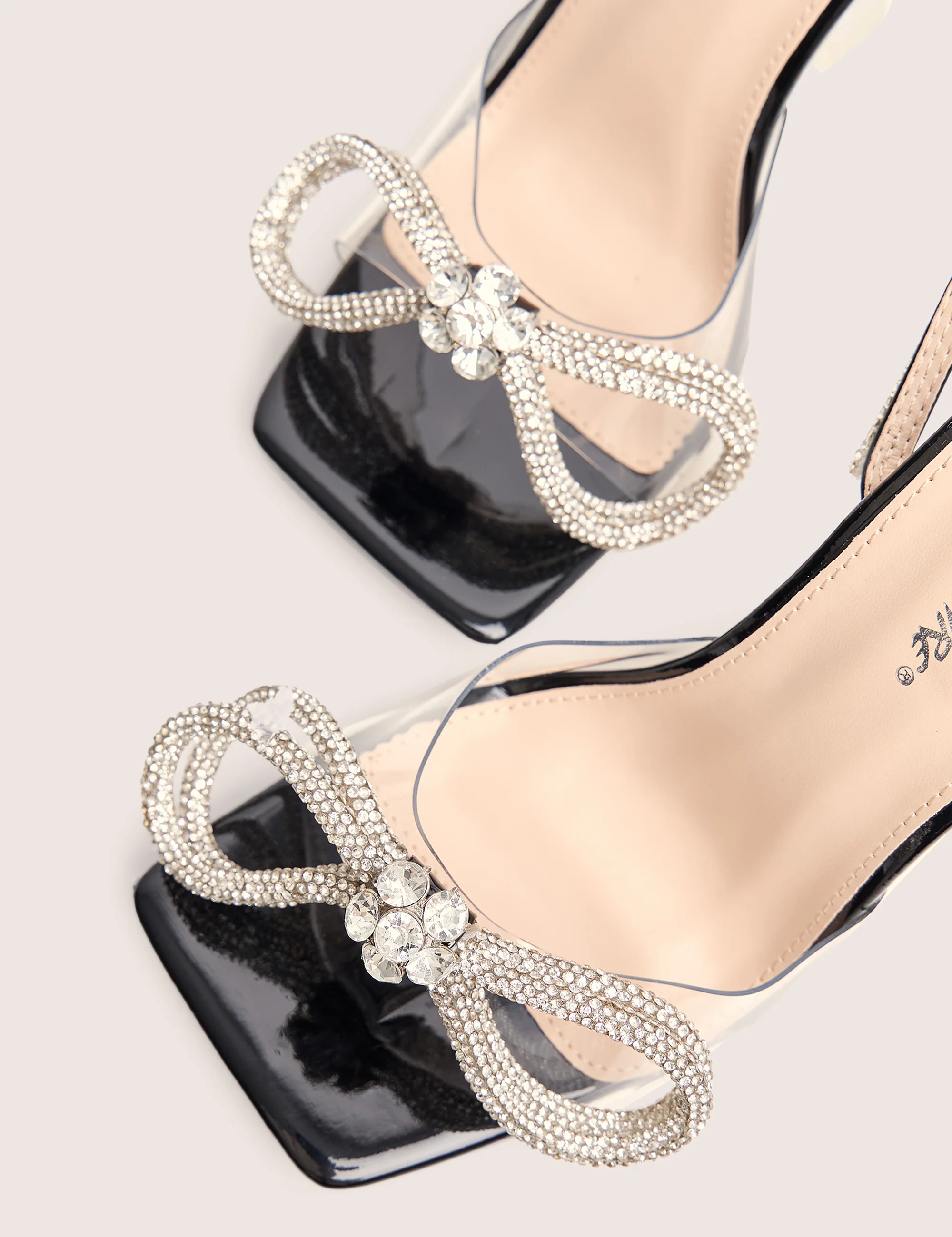 Glimmer Black Wrap Around Diamante Bow Square Toe Heels - Image 6