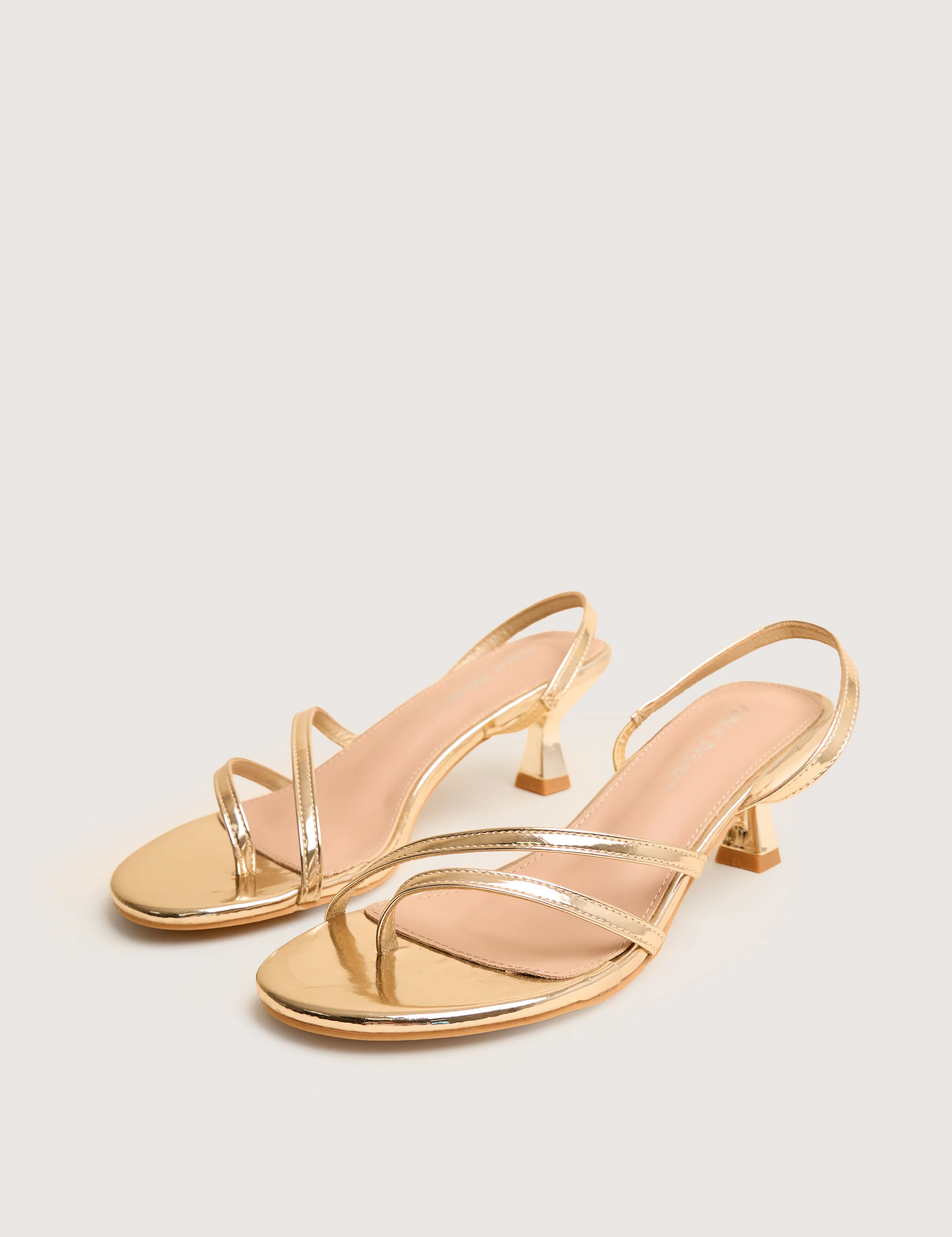 Helios Gold Mirror Pu Asymmetric Toe Strap Sling Back Mid Heels - Image 2