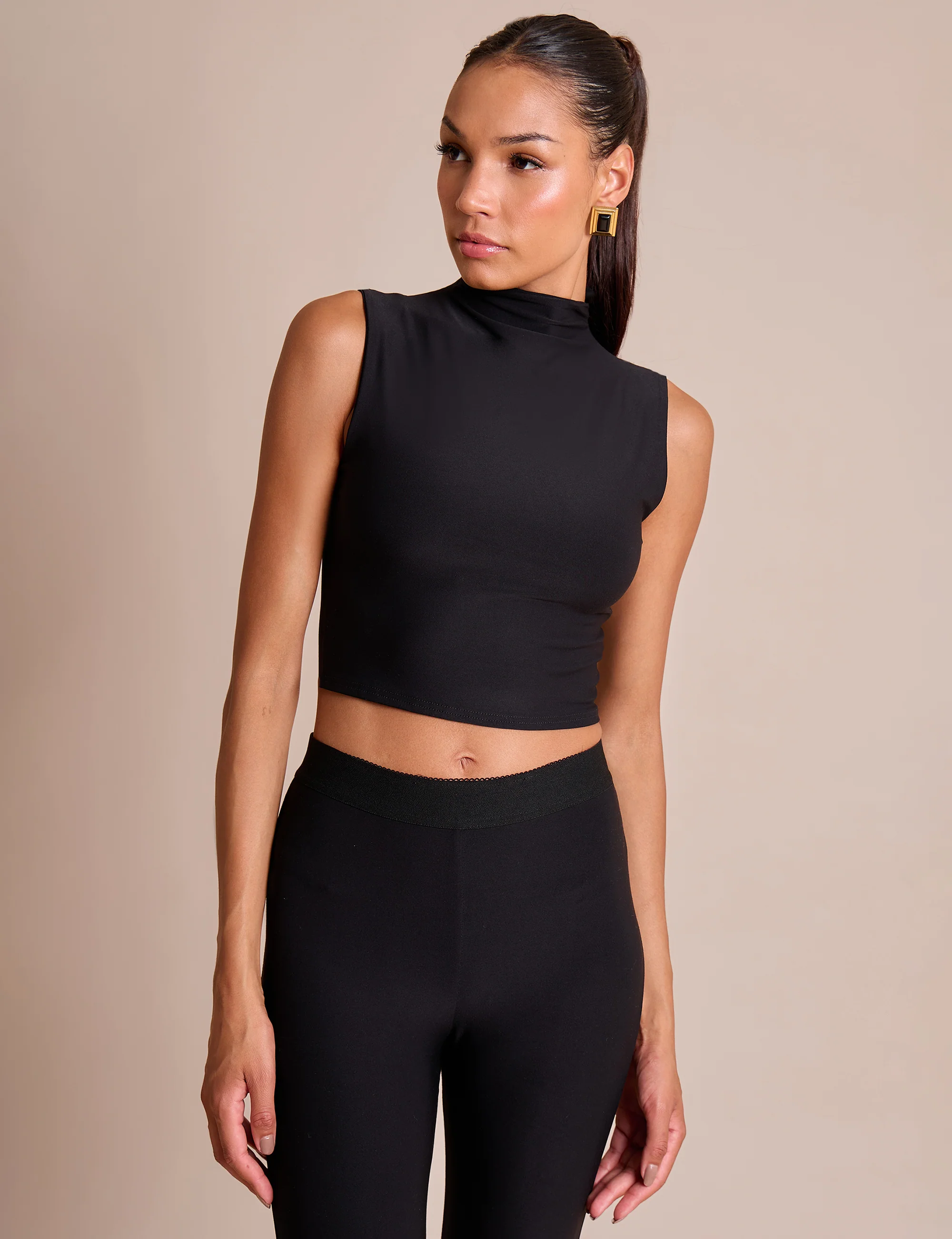High Neck Luxe Slinky Crop Top Black - Image 4