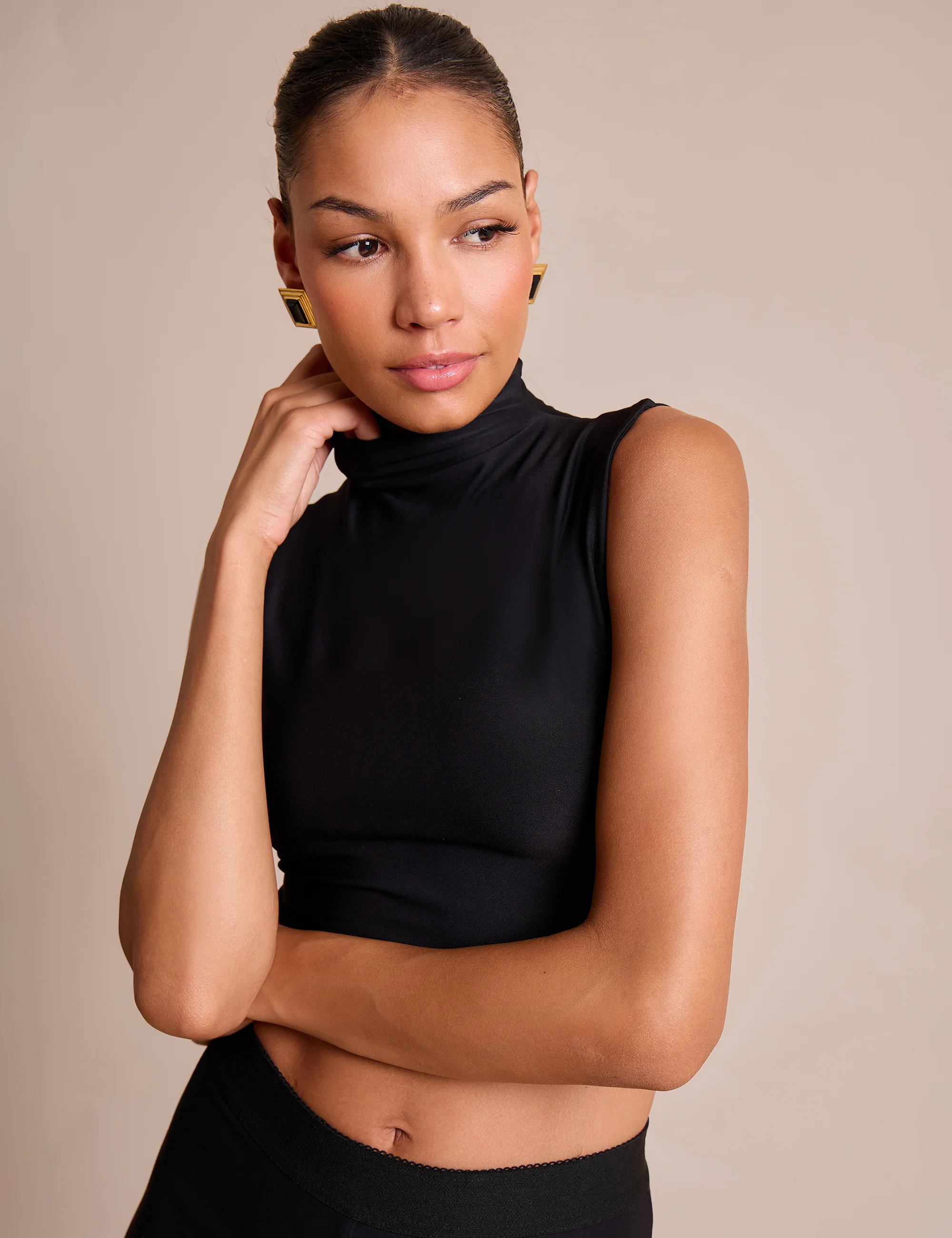 High Neck Luxe Slinky Crop Top Black - Image 5