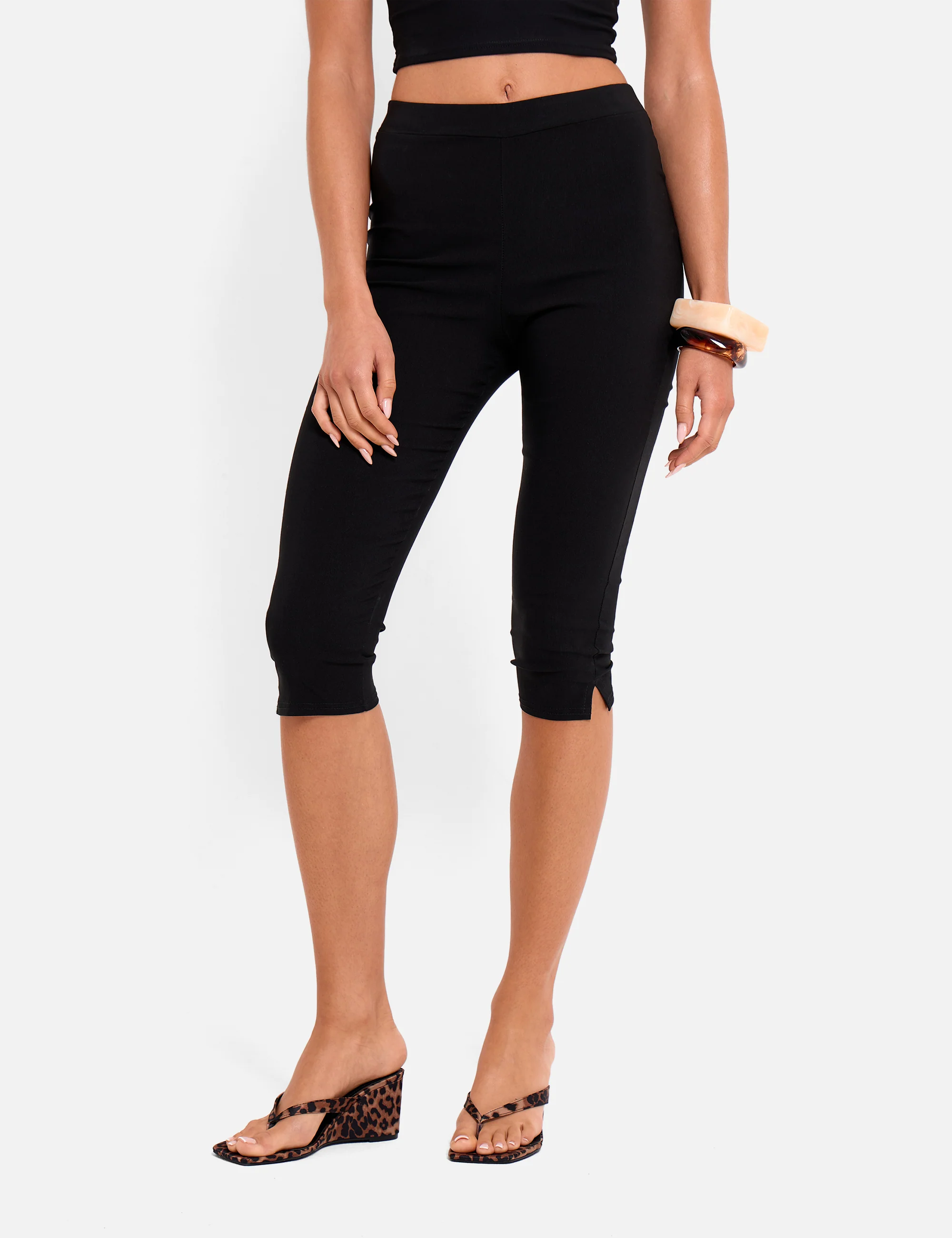 High Waist Bengaline Split Hem Capri Trousers Black - Image 3