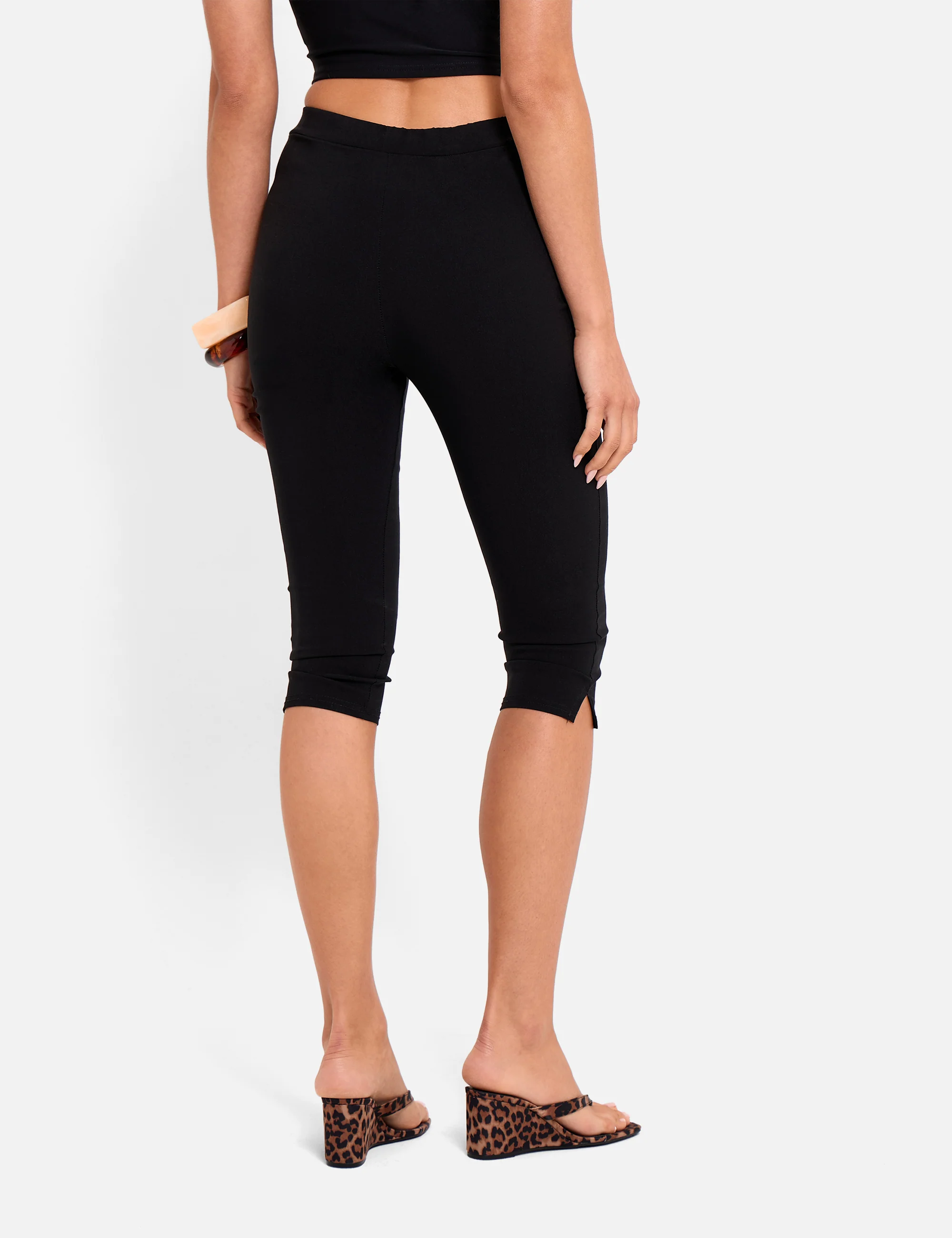 High Waist Bengaline Split Hem Capri Trousers Black - Image 4