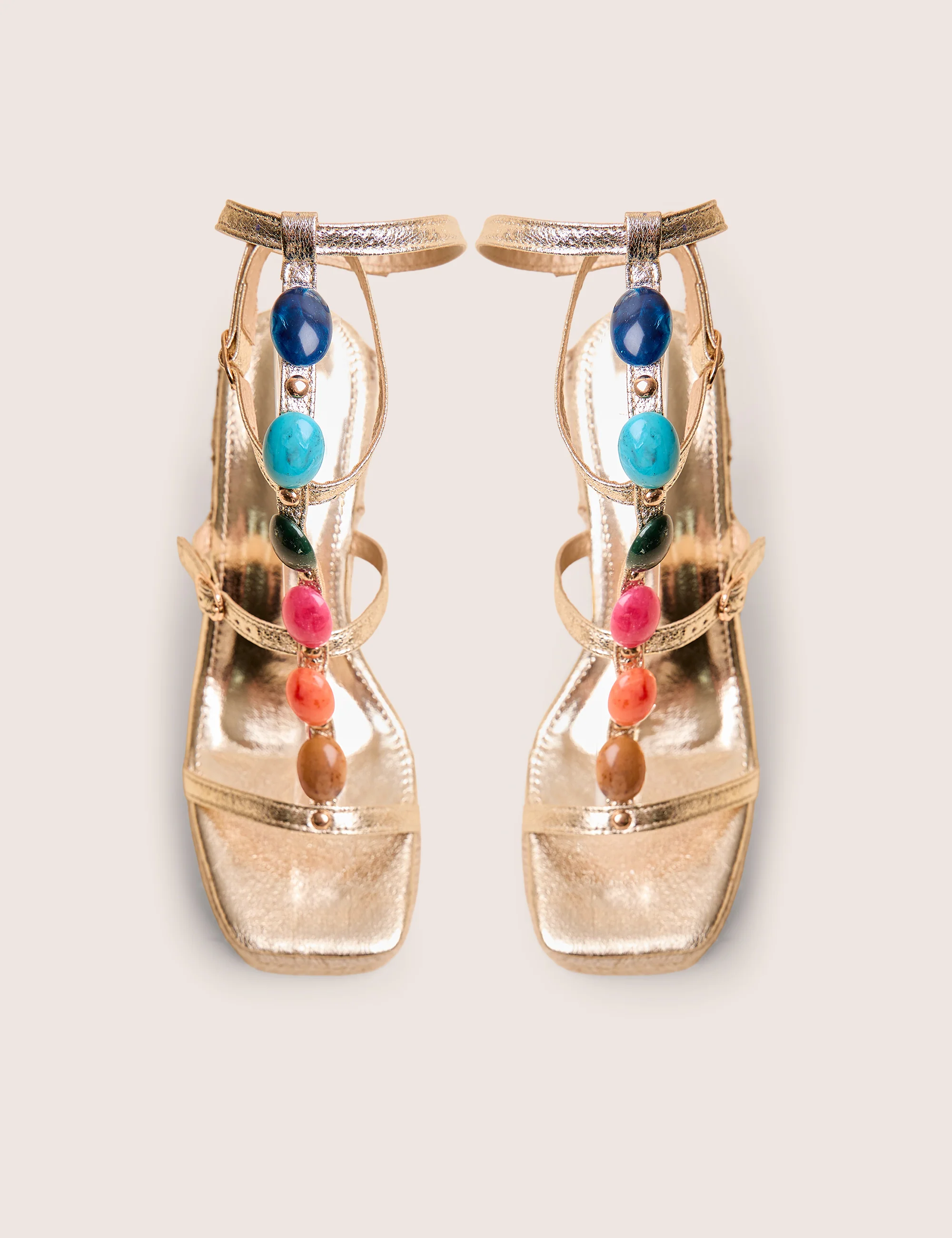 Iliana Cracked Gold Pu Beaded Trim Strappy Jute Wedges - Image 2