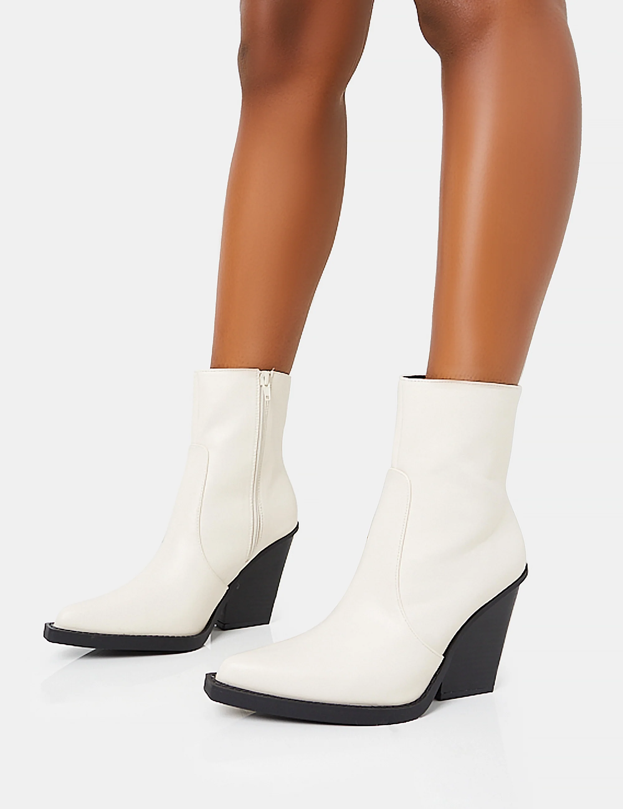 Jessie White Pu Western Black Contrast Sole Block Heeled Ankle Boots - Image 7