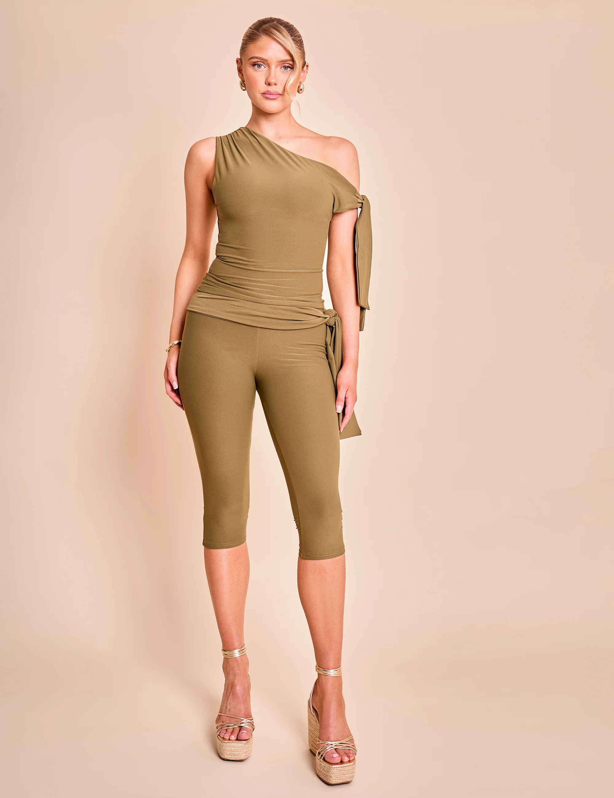 Knot Detail Asymmetric One Shoulder Luxe Slinky Top Khaki - Image 7