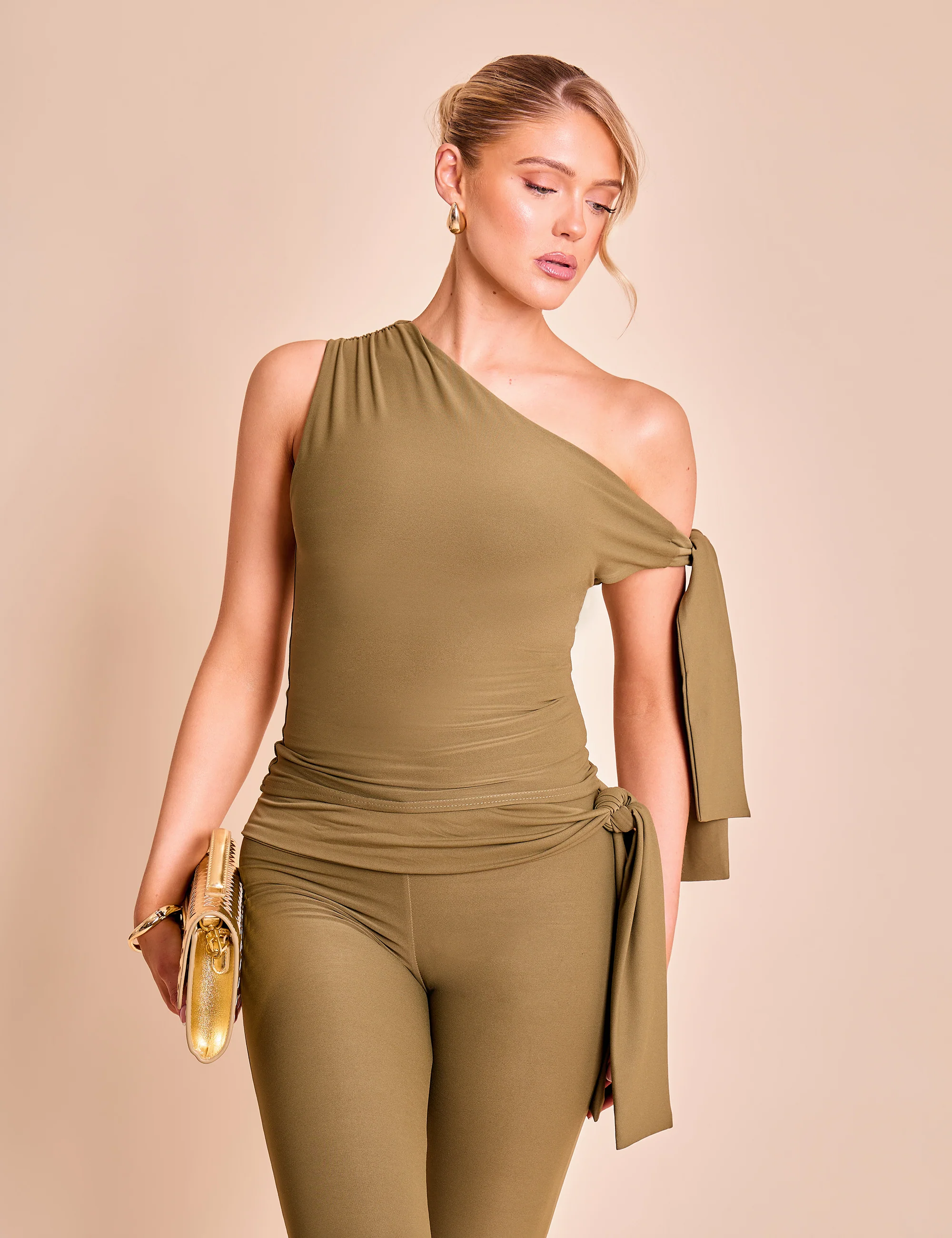 Knot Detail Tie Side Luxe Slinky Capri Pants Khaki - Image 8