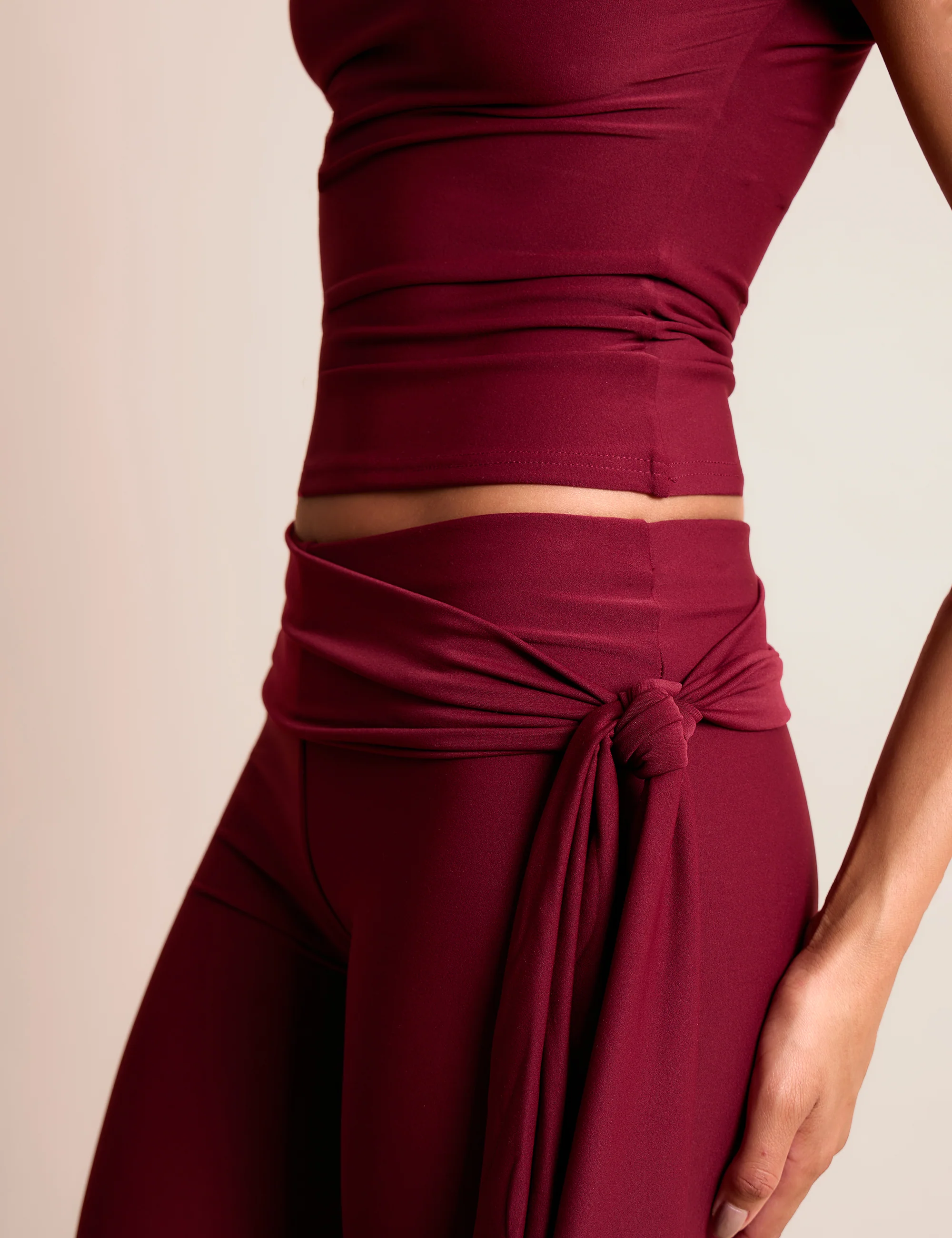 Knot Detail Tie Side Luxe Slinky Capri Pants Burgundy - Image 2