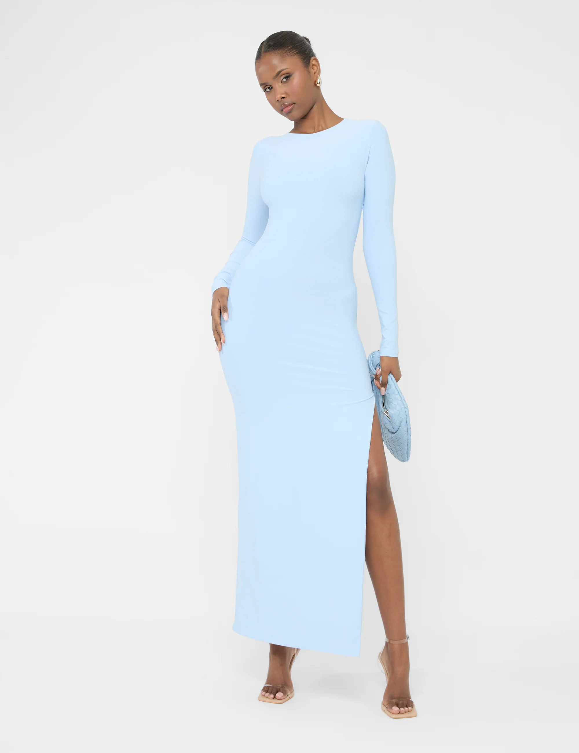 Long Sleeve Side Leg Split Luxe Slinky Maxi Dress Blue