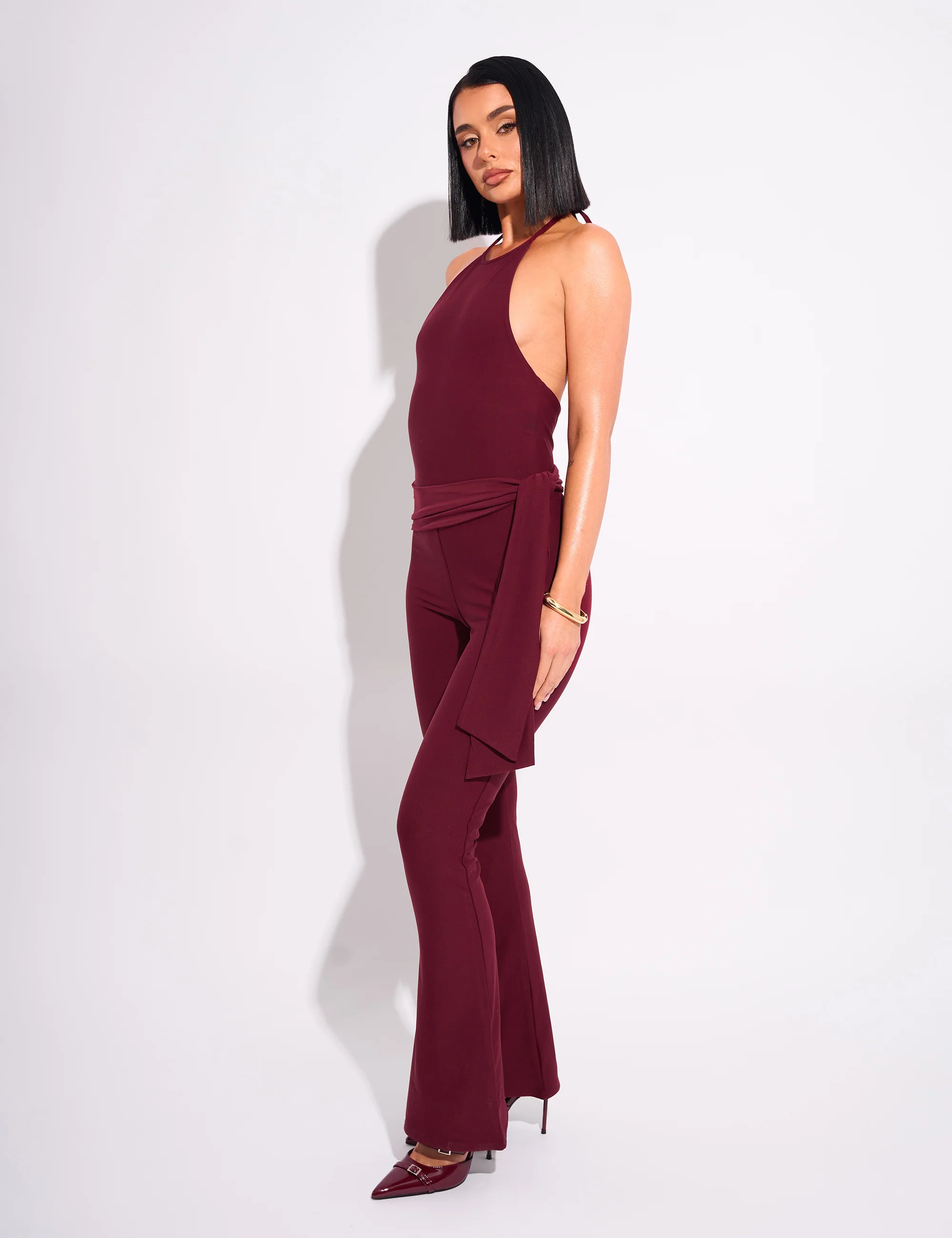 Tie Back Luxe Slinky Jumpsuit Burgundy - Image 2