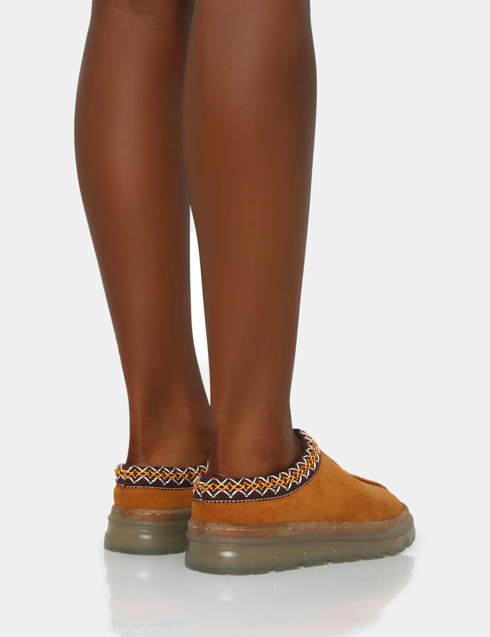 Nala Tan Faux Suede Embroidered Slipper Platform Boots - Image 2