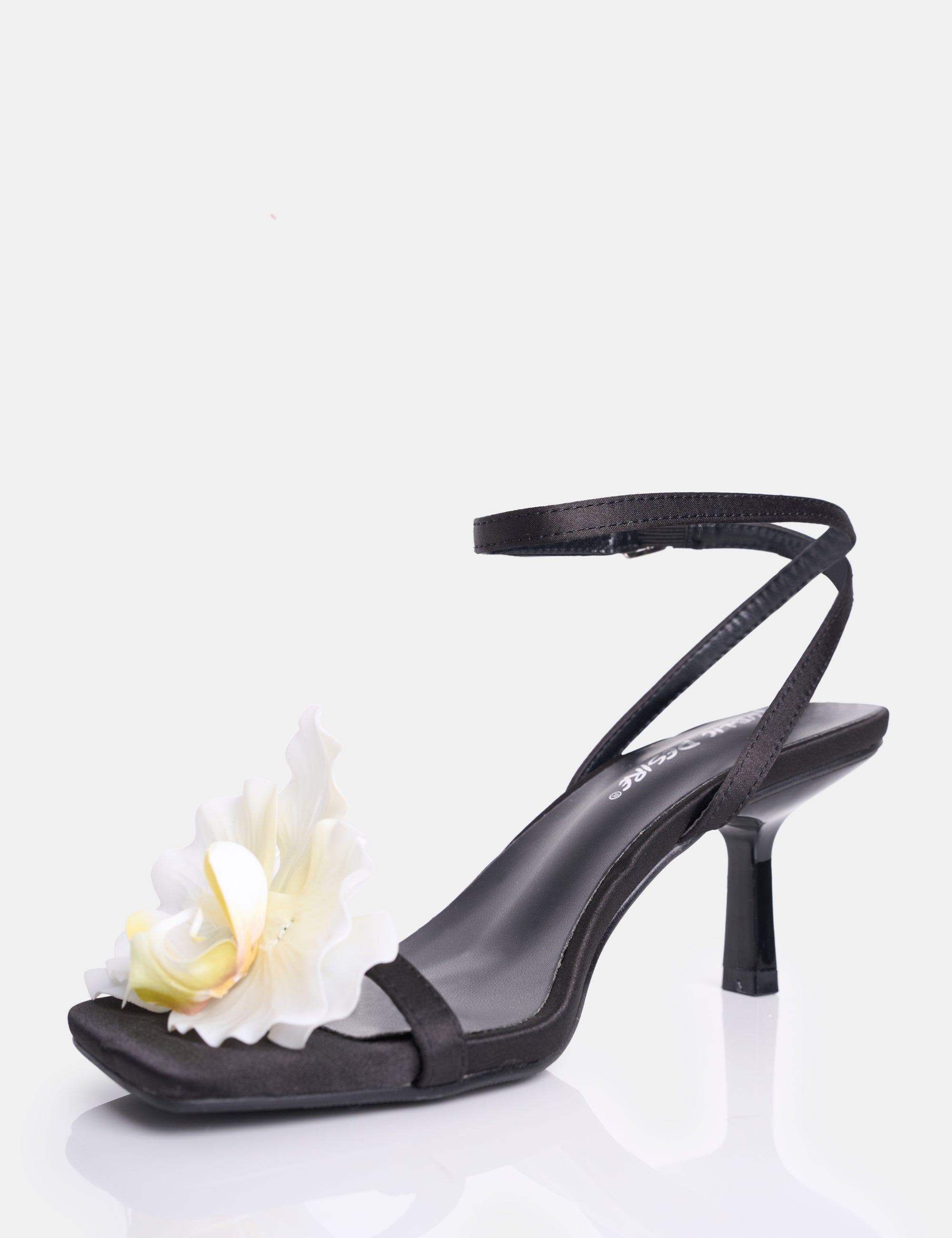 Nara Black Satin White Orchid Flower Square Toe Stiletto Mid Heels - Image 6