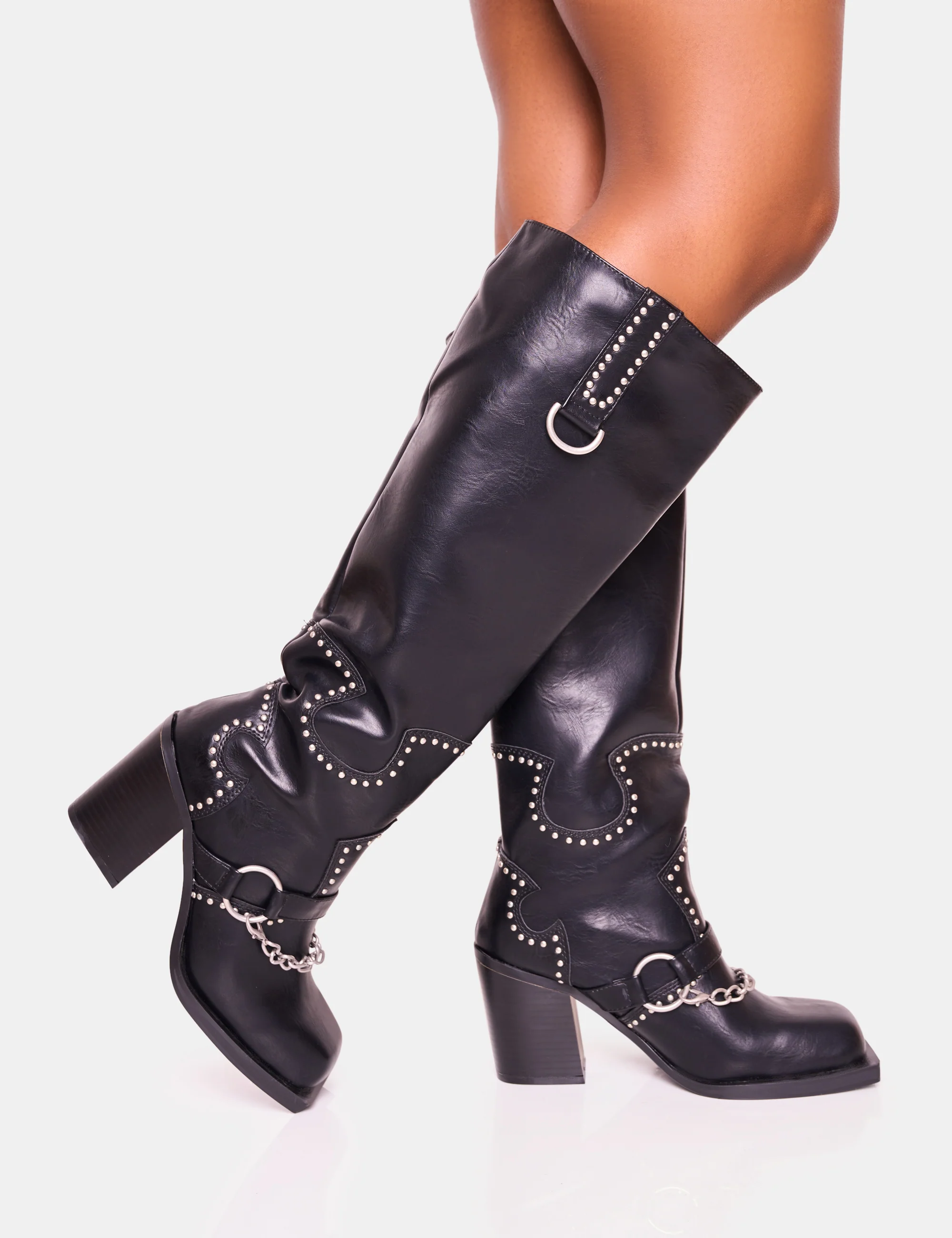 Nashville Black Western Studded Block Heel Knee High Boot - Image 5