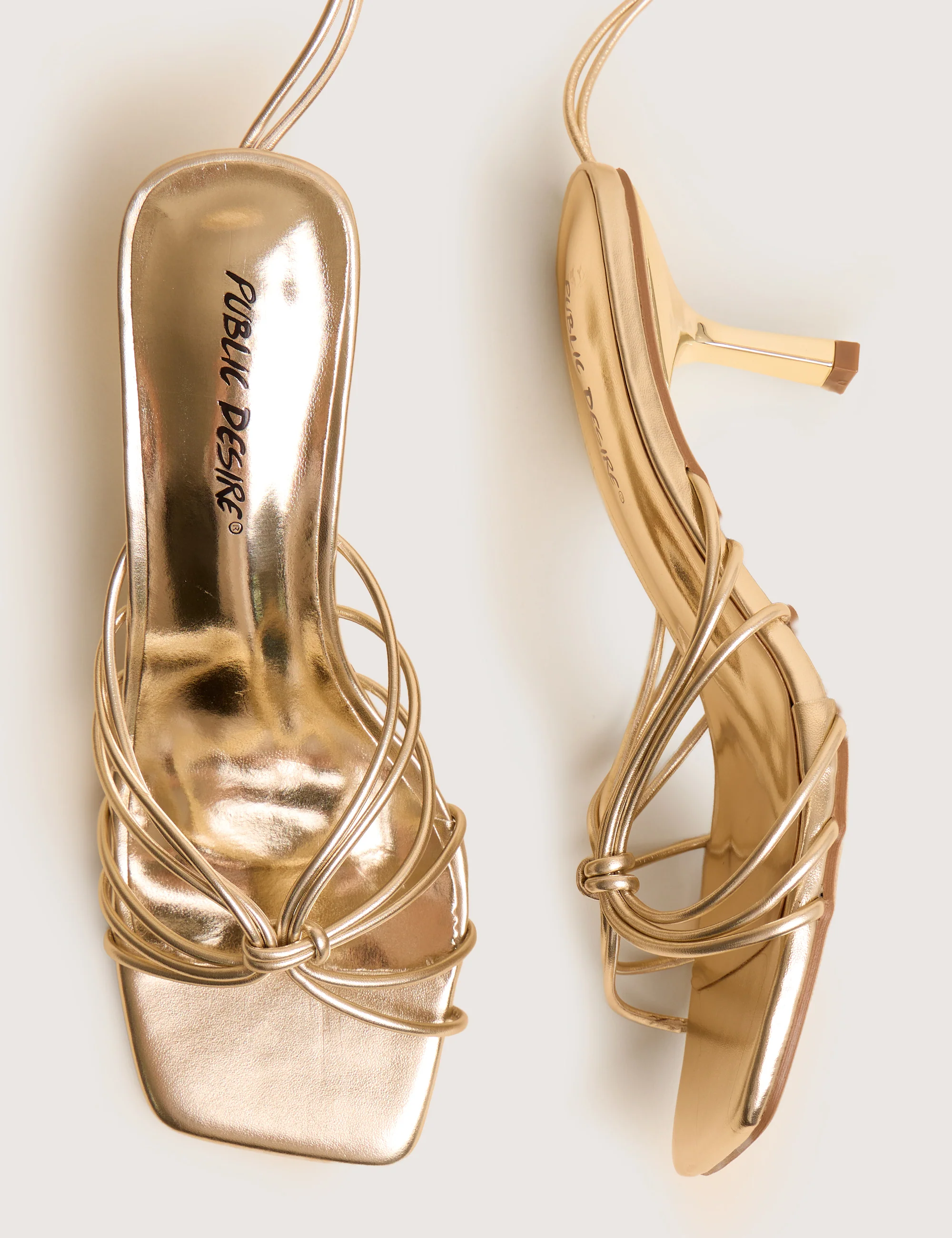 Nora Wide Fit Gold Pu Lace Up Strappy Mid Heels - Image 4