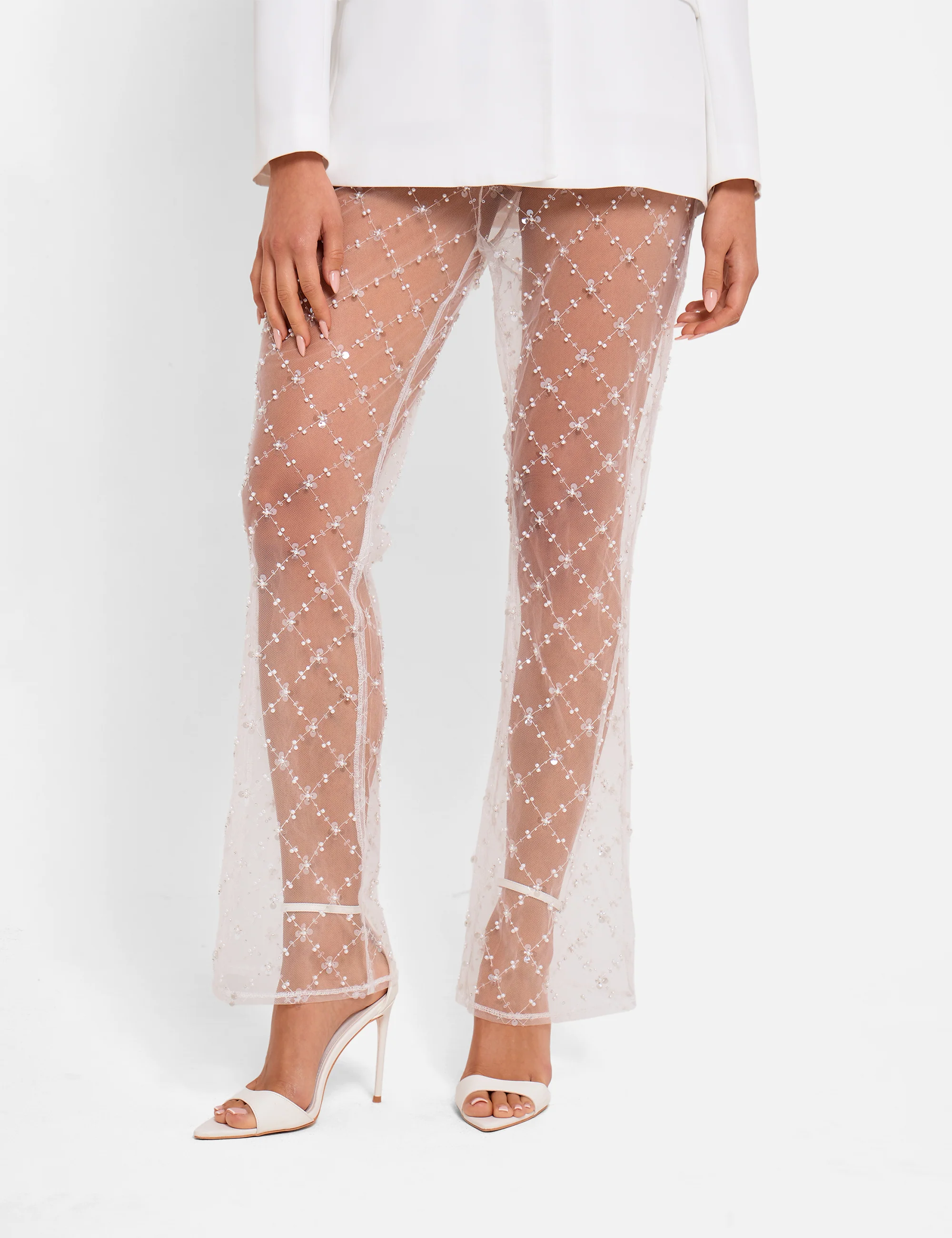 Sheer Embellished Flared Trousers White - Image 4