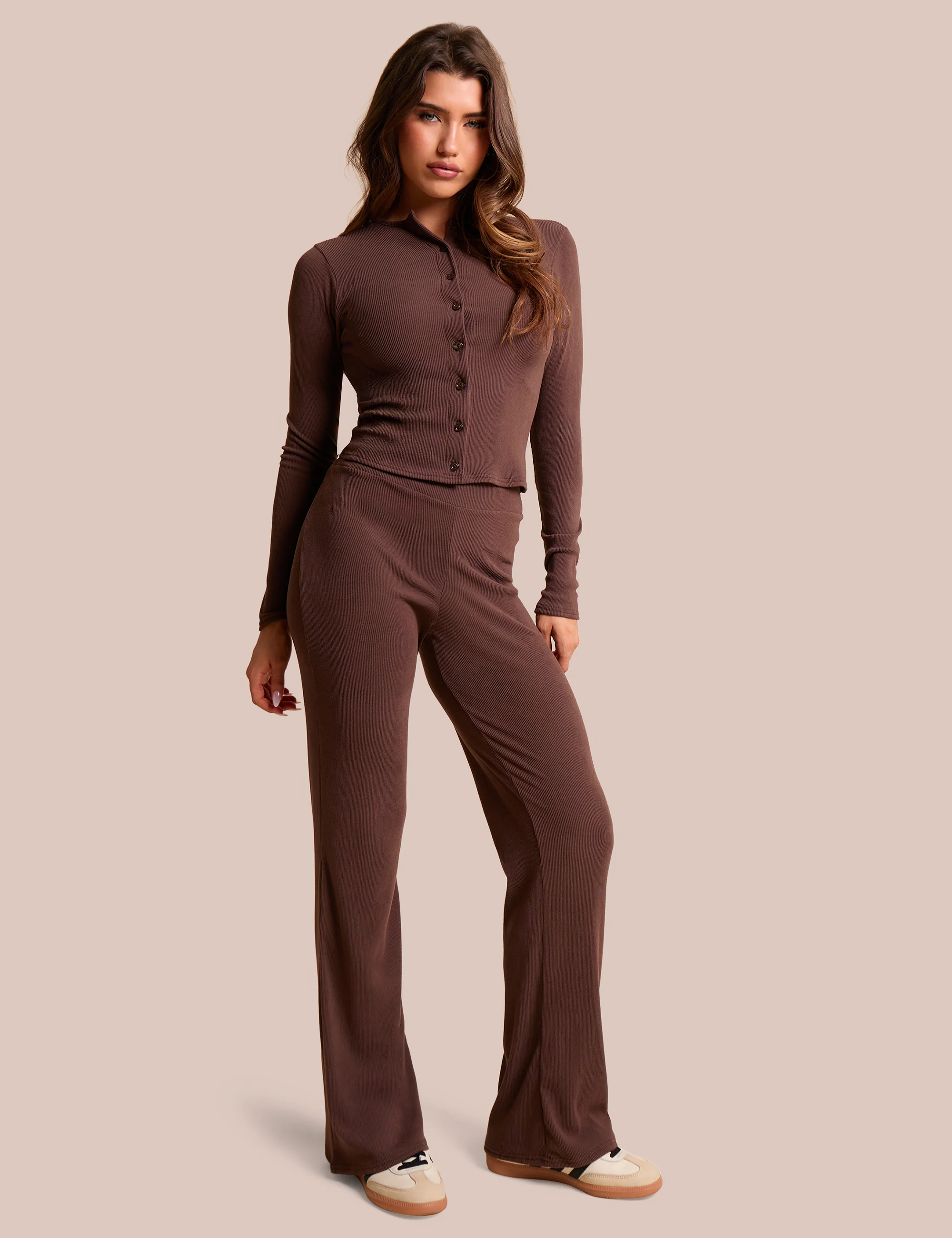 Rib Button Through Long Sleeve Top Chocolate - Image 2
