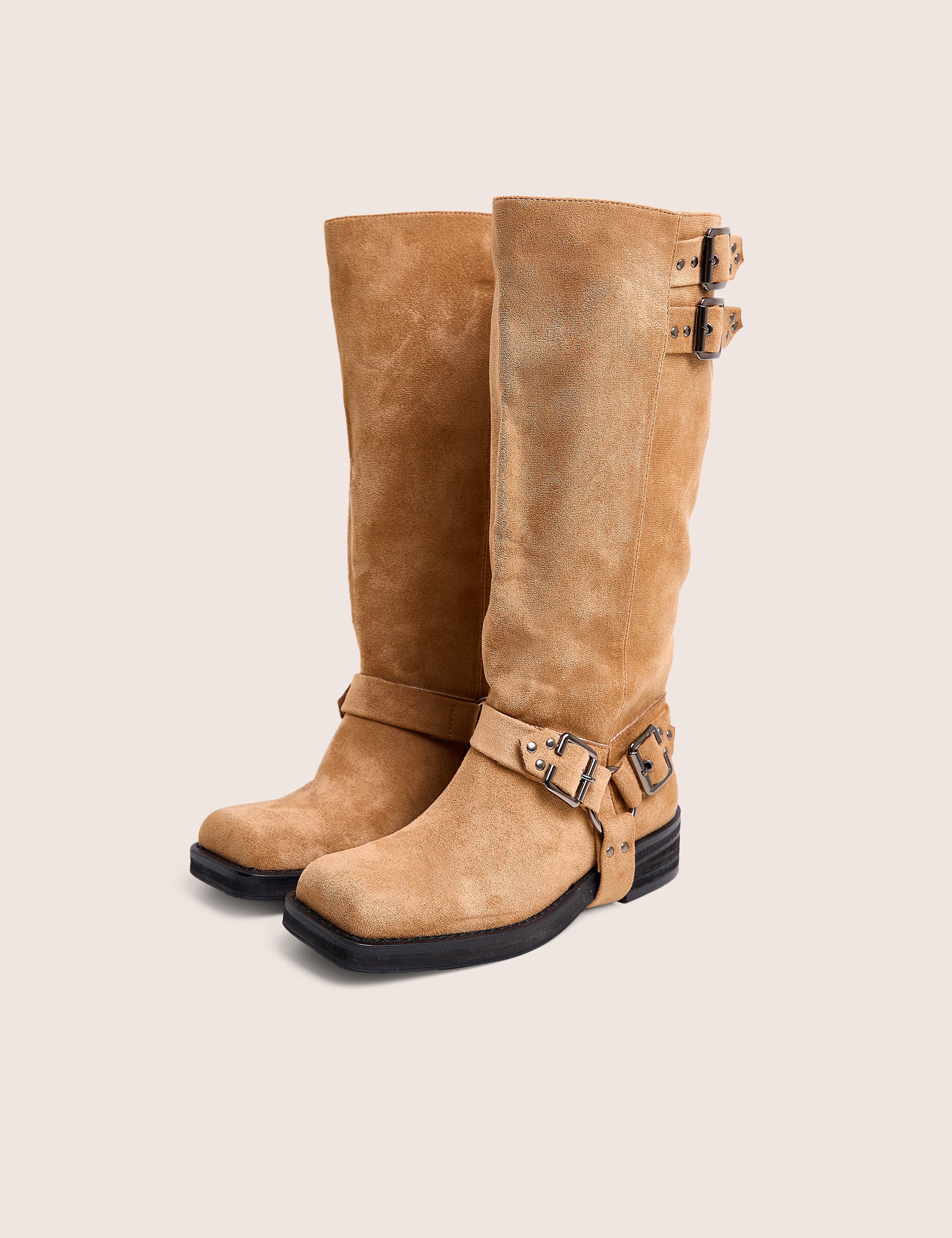 Rooftop Taupe Faux Suede Vintage Knee High Biker Boots - Image 2