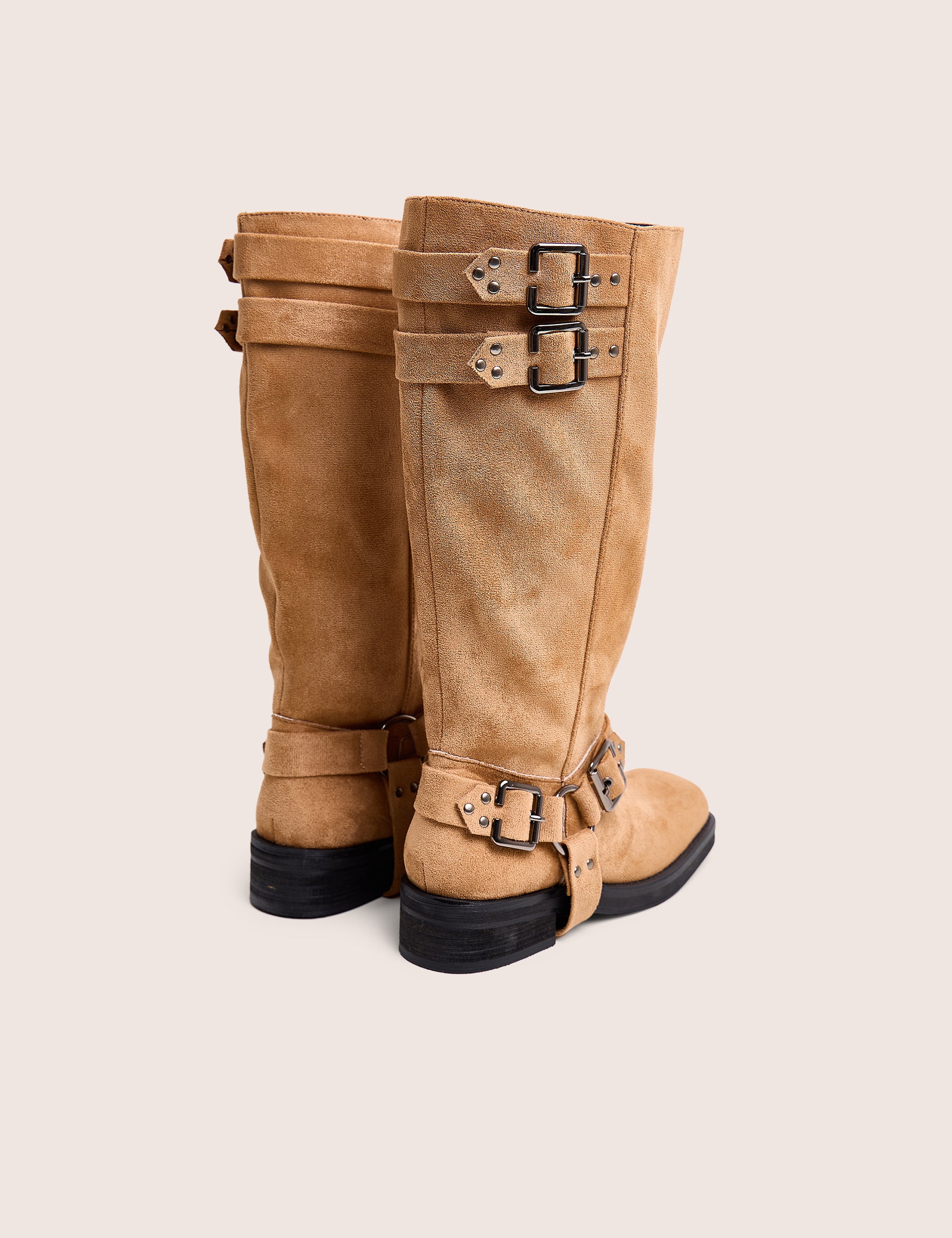 Rooftop Taupe Faux Suede Vintage Knee High Biker Boots - Image 3