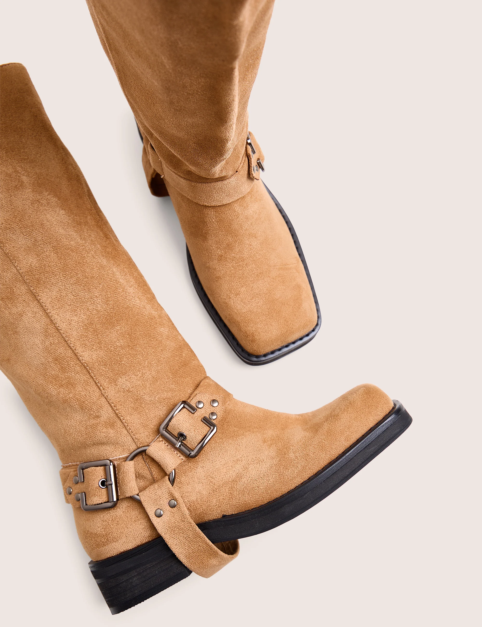 Rooftop Taupe Faux Suede Vintage Knee High Biker Boots - Image 4