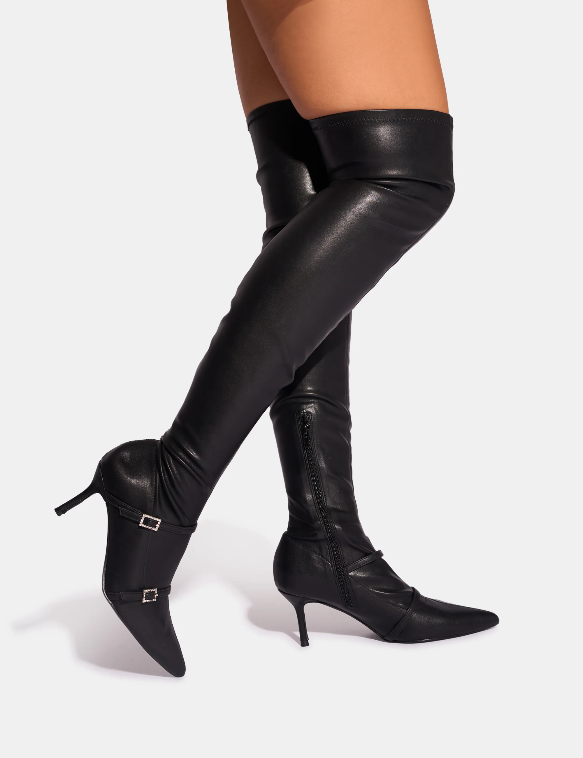 Roulette Black Pointed Toe Diamante Buckle Mid Heel Over The Knee Sock Boots - Image 2