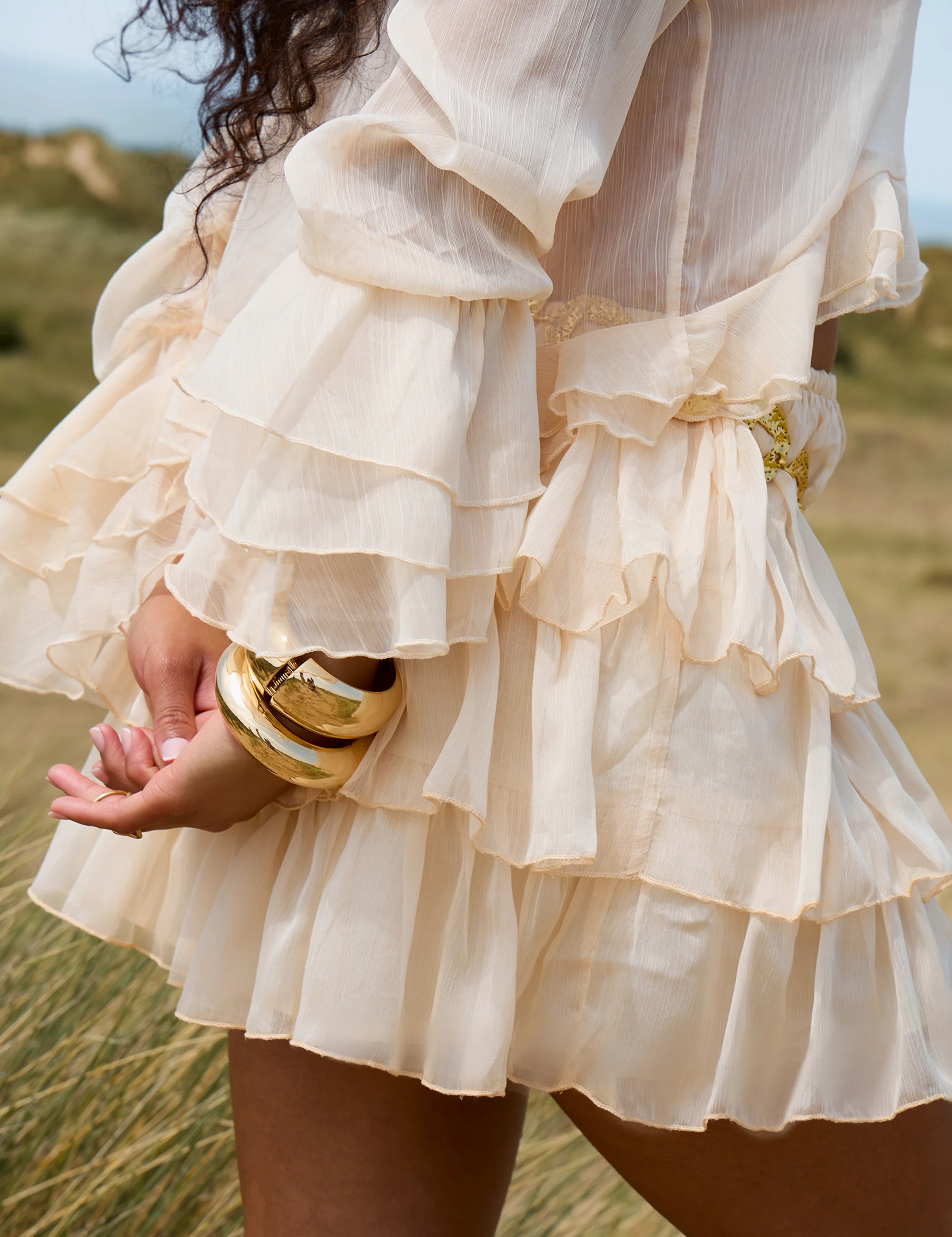 Sheer Ruffled Long Sleeve Crop Top Stone - Image 4