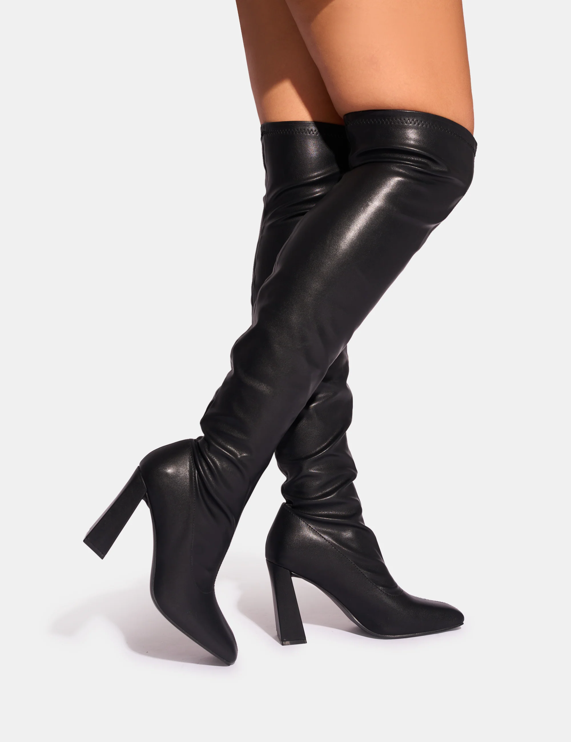 Showoff Black Pu Block Heel Over the Knee Boot - Image 2