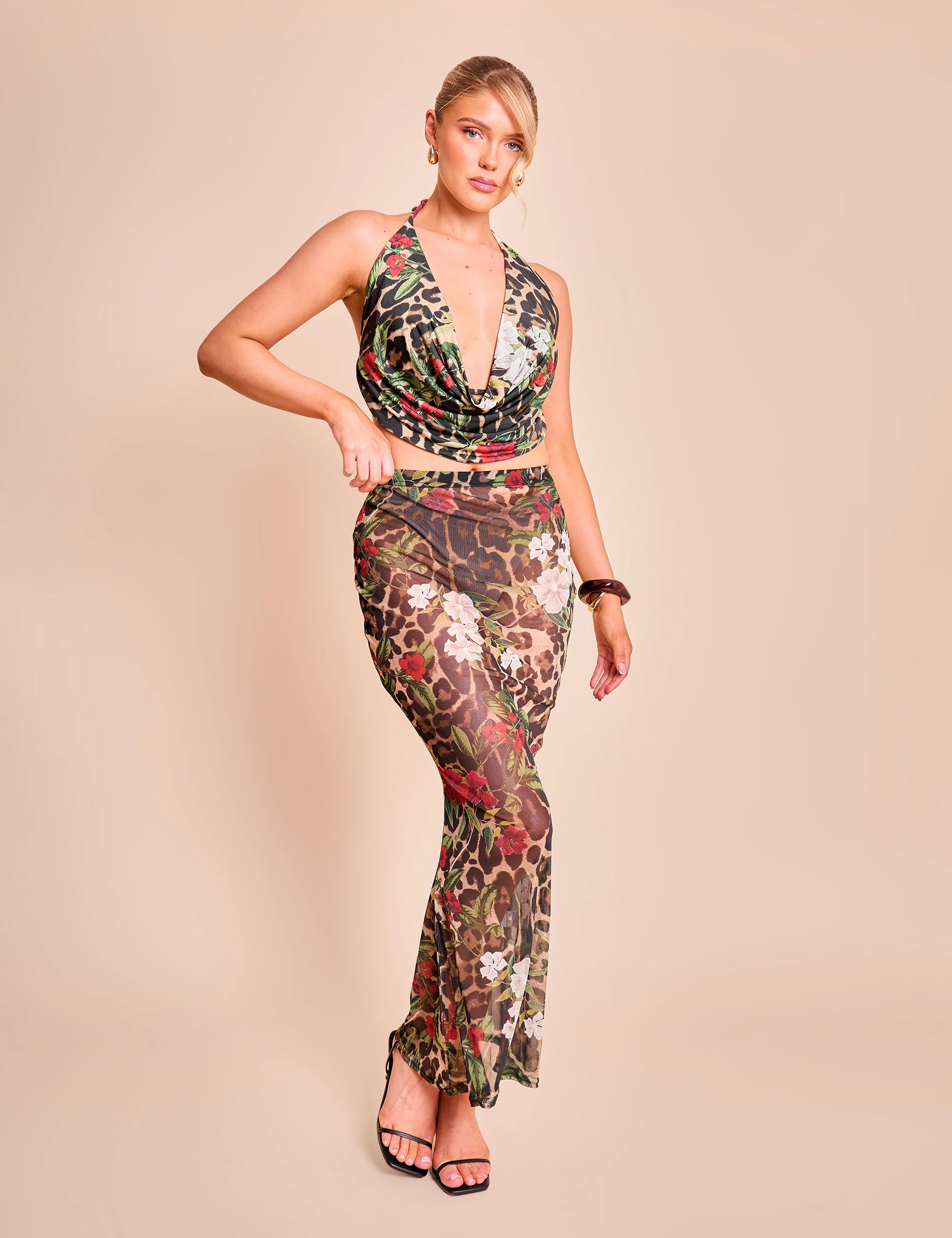Slinky Printed Cowl Neck Bikini Top Co-ord Multi - Image 3