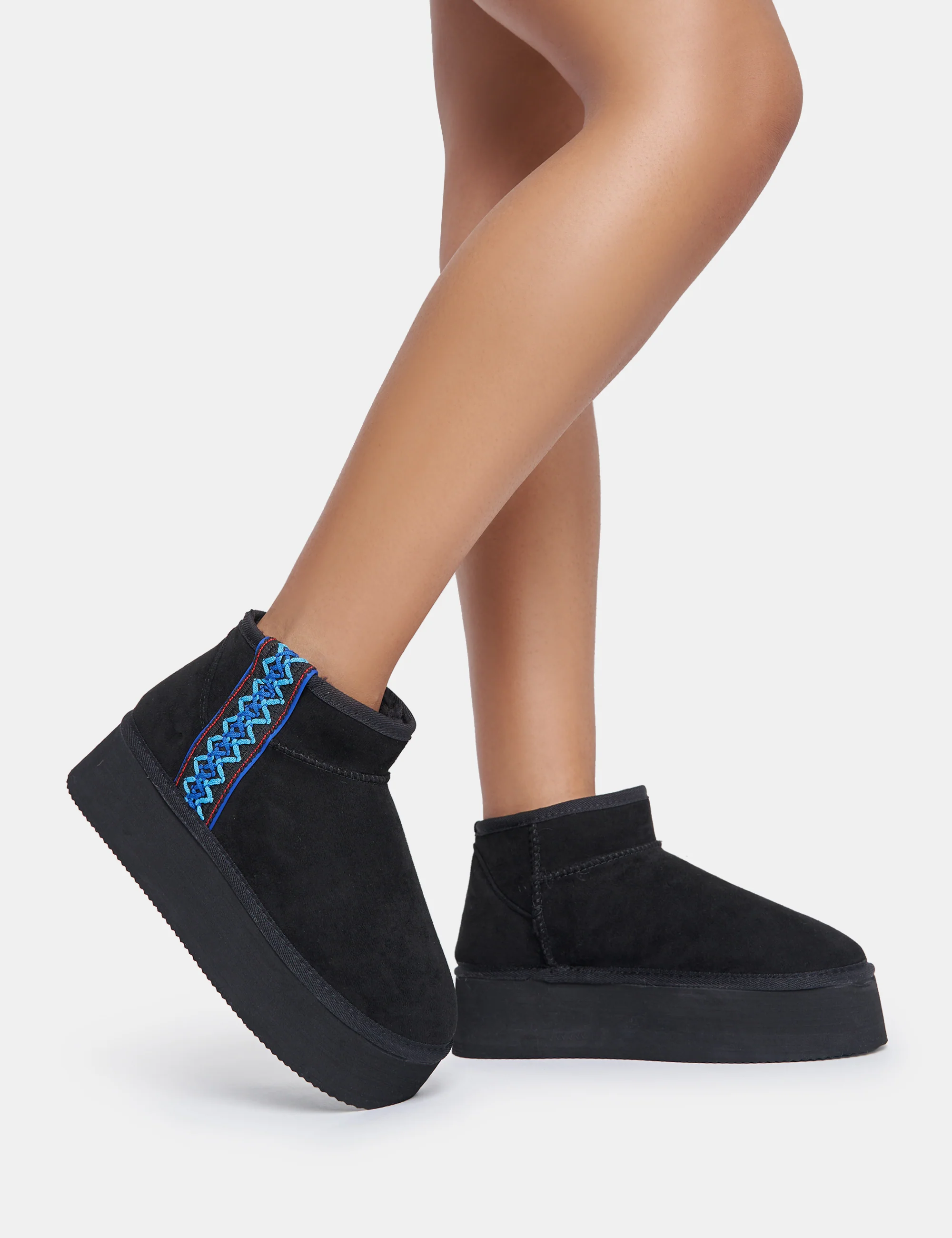 Snowfall Black Faux Suede Aztec Trim Ultra Mini Ankle Platform Boots - Image 2