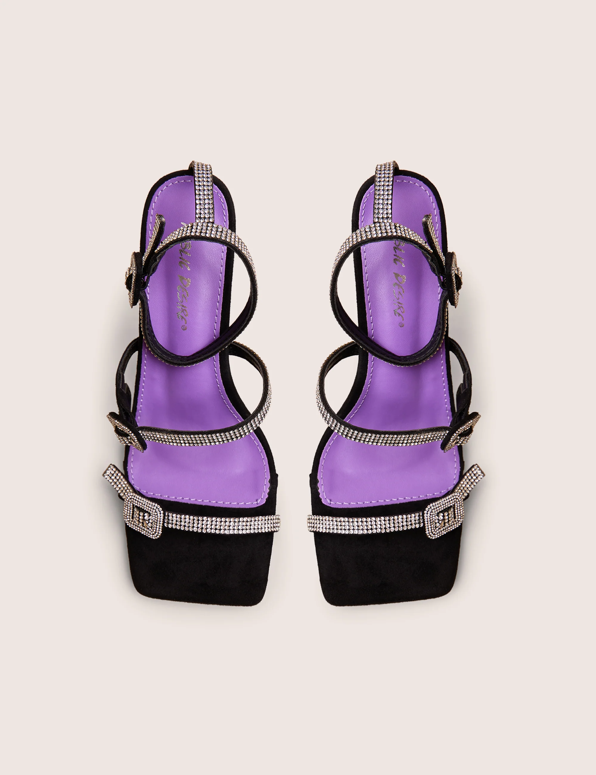 Spellbound Black Three Strap Diamante Buckle Heels - Image 2