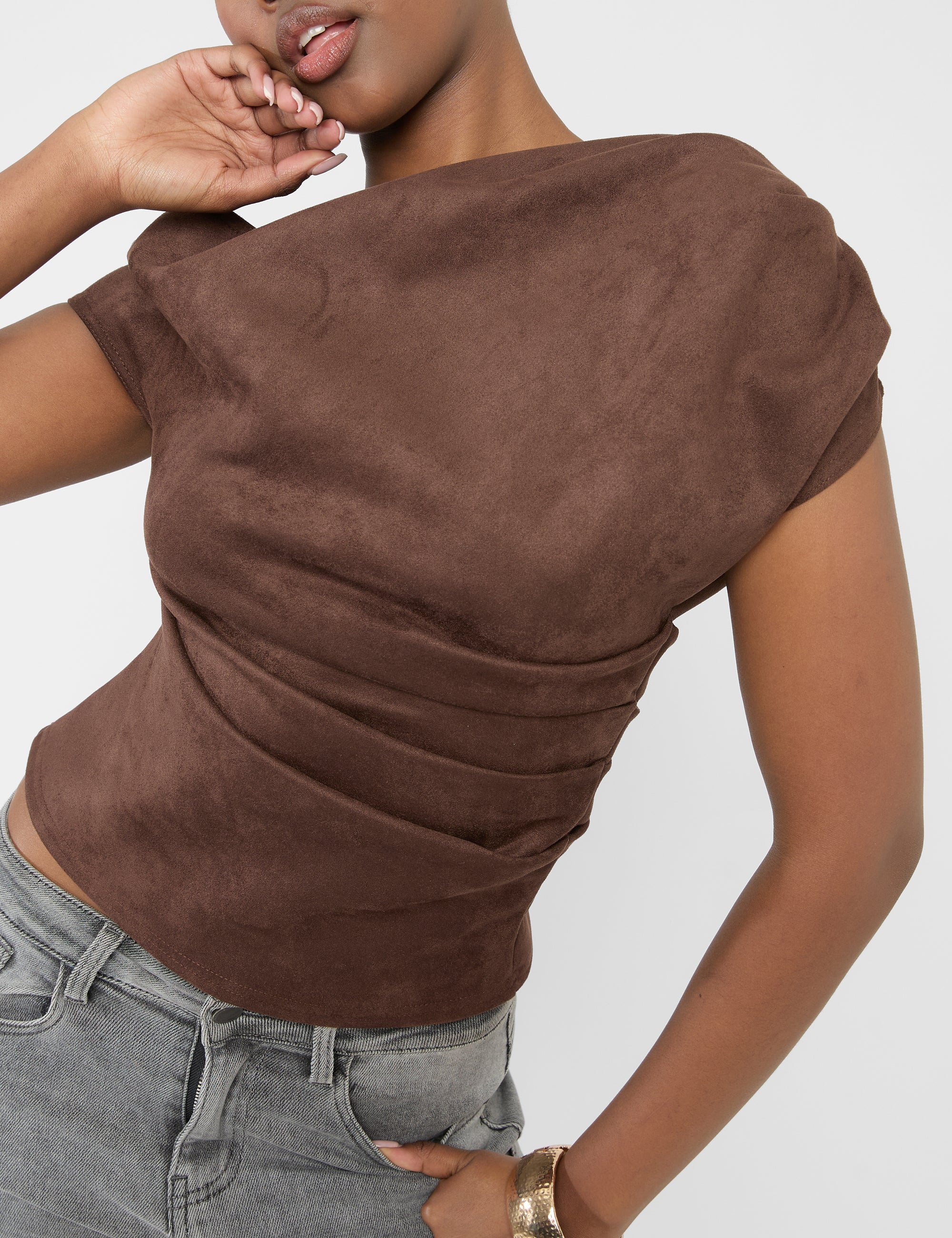 Suedette One Shoulder Ruched Top Chocolate - Image 2